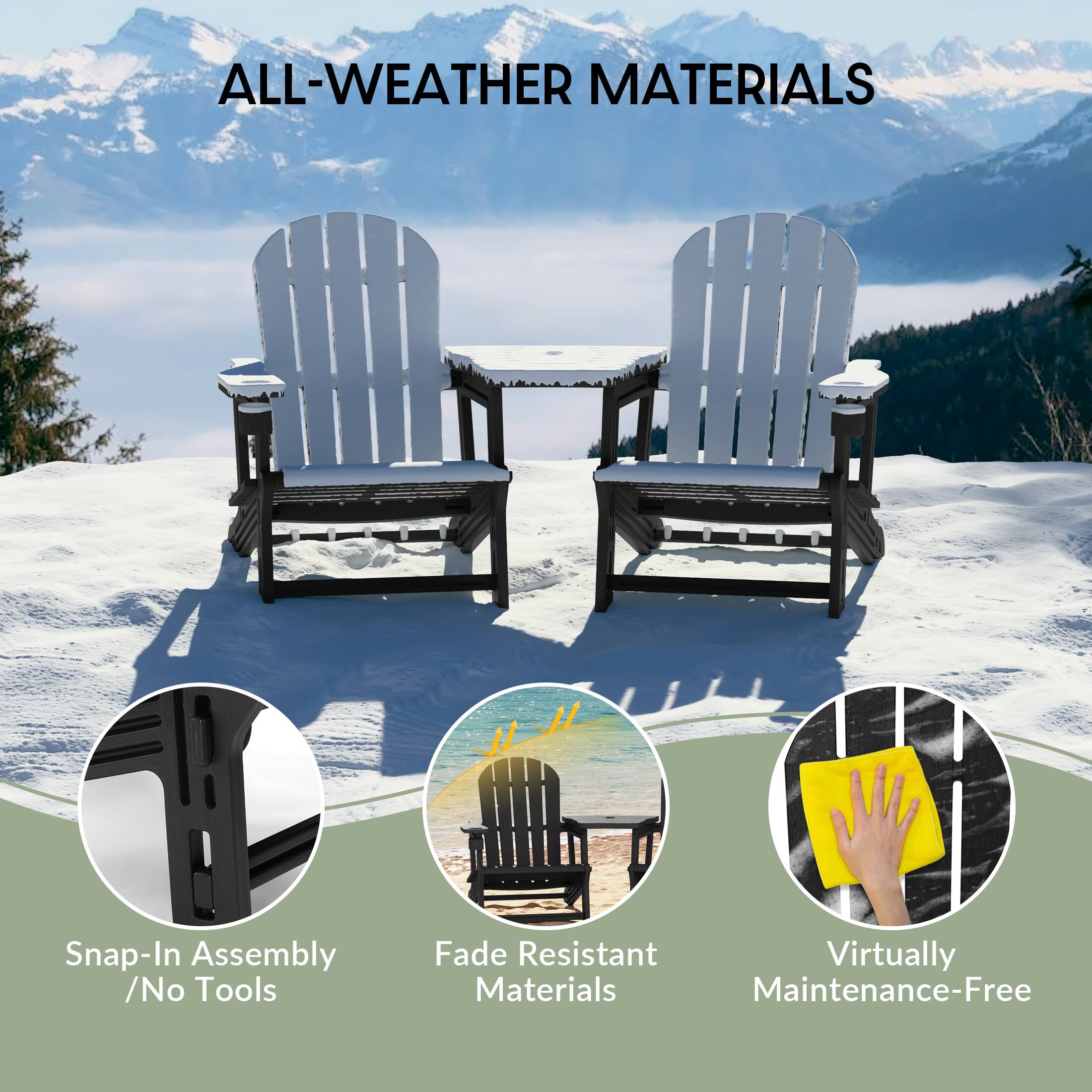 ALL-WEATHER MATERIALS

Snap-In Assembly / No Tools
Fade Resistant Materials
Virtually Maintenance-Free