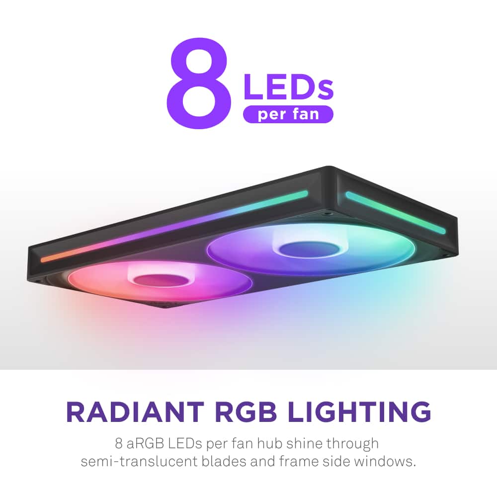 Radiant RGB Lighting: 8 aRGB LEDs per fan hub shine through semi-translucent blades and frame side windows.