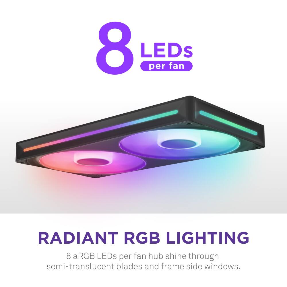 Radiant RGB Lighting: 8 aRGB LEDs per fan hub shine through semi-translucent blades and frame side windows.