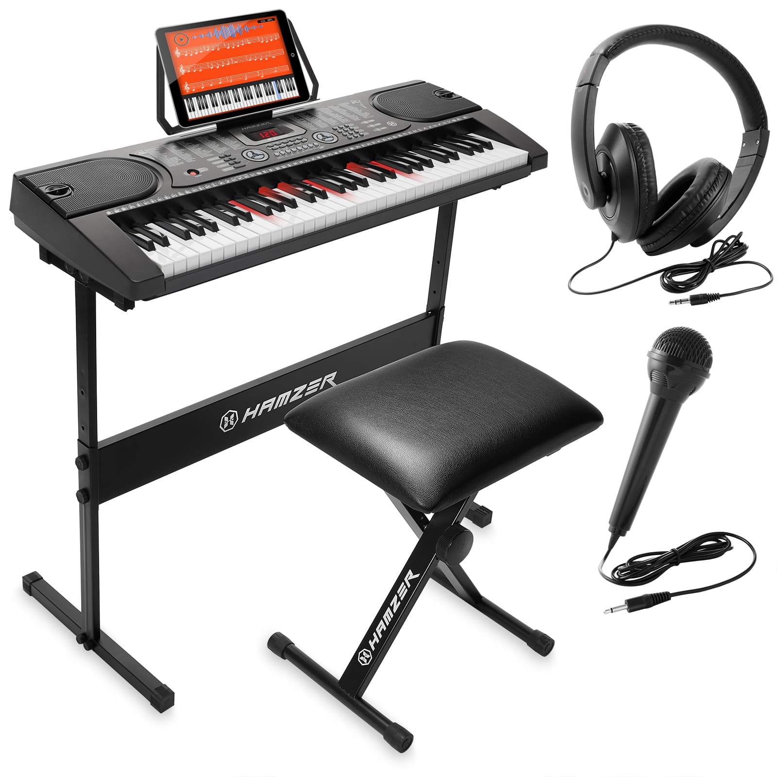 Hamzer - Electronic Keyboard w Lighted Keys - Stand - Stool - Microphone - Black