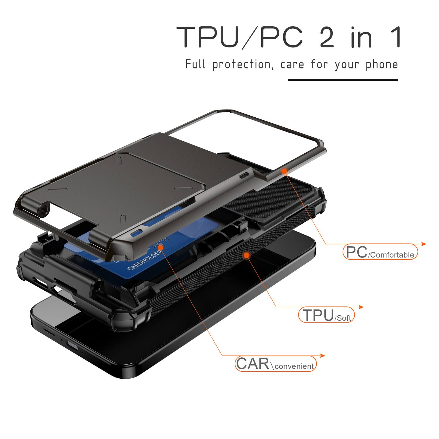 TPU/PC 2 in 1 Full protection, care for your phone

CARDHOLDER

PC / Comfortable

TPU / Soft

CAR / Convenient