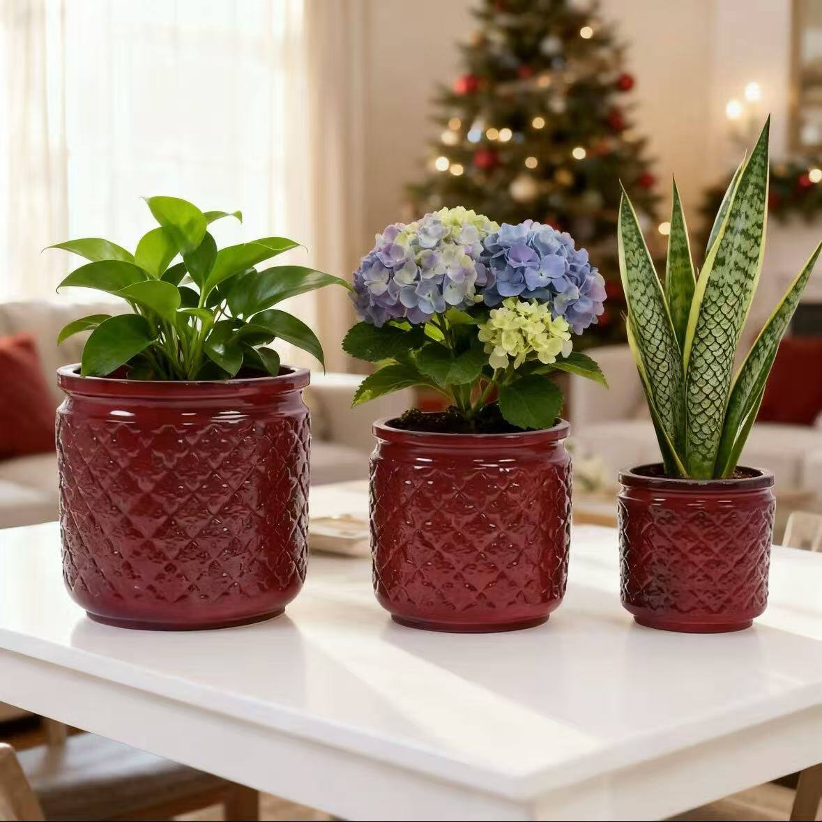 Left. Loheer - Loheer Ceramic Planter Set, Handmade Burgundy Indoor Plant Pots, Diamond Pattern, Breathable Clay, 15 12 9 Inch.