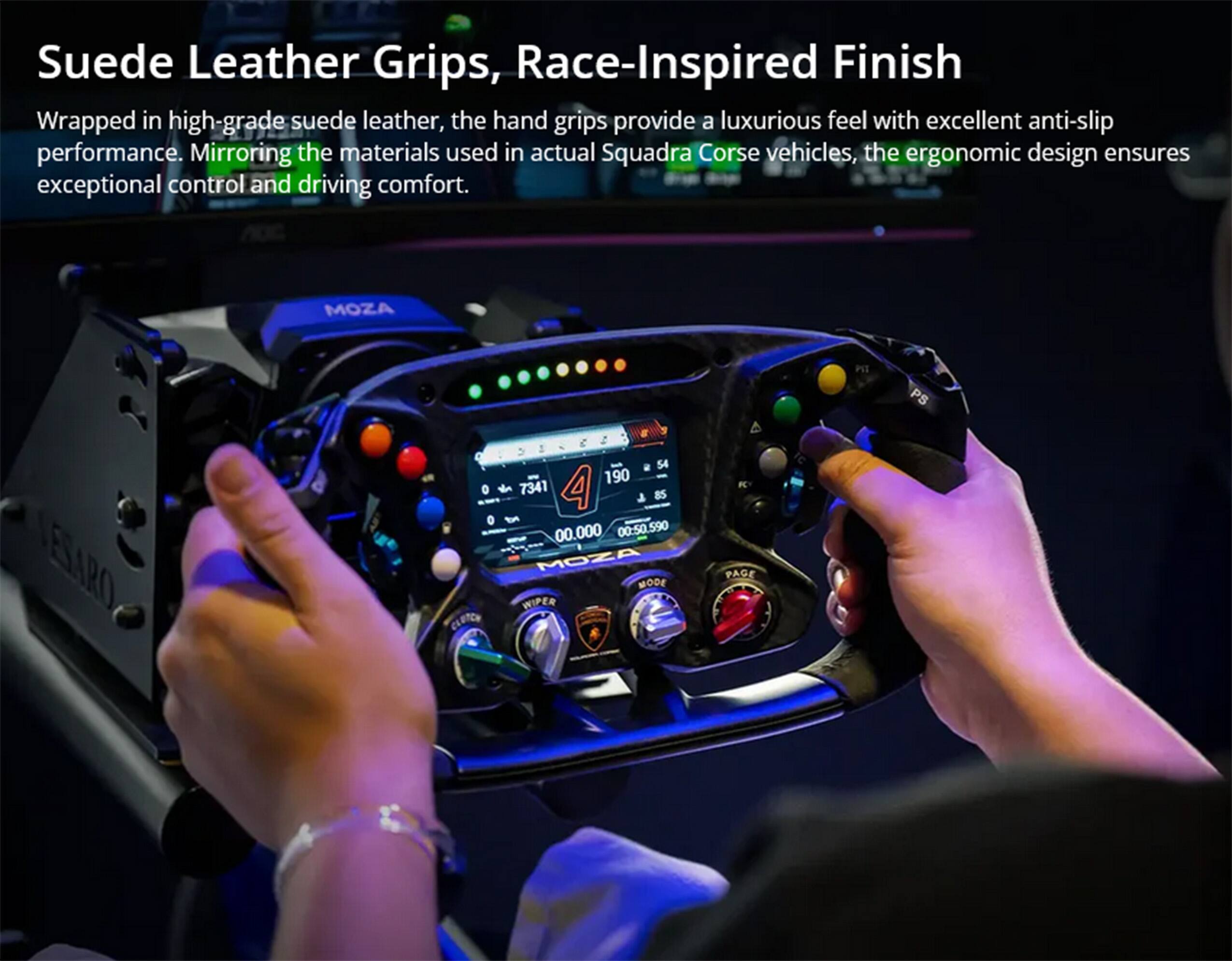 Suede Leather Grips, Race-Inspired Finish

Wrapped in high-grade suede leather, the hand grips provide a luxurious feel with excellent anti-slip performance. Mirroring the materials used in actual Squadra Corse vehicles, the ergonomic design ensures exceptional control and driving comfort.