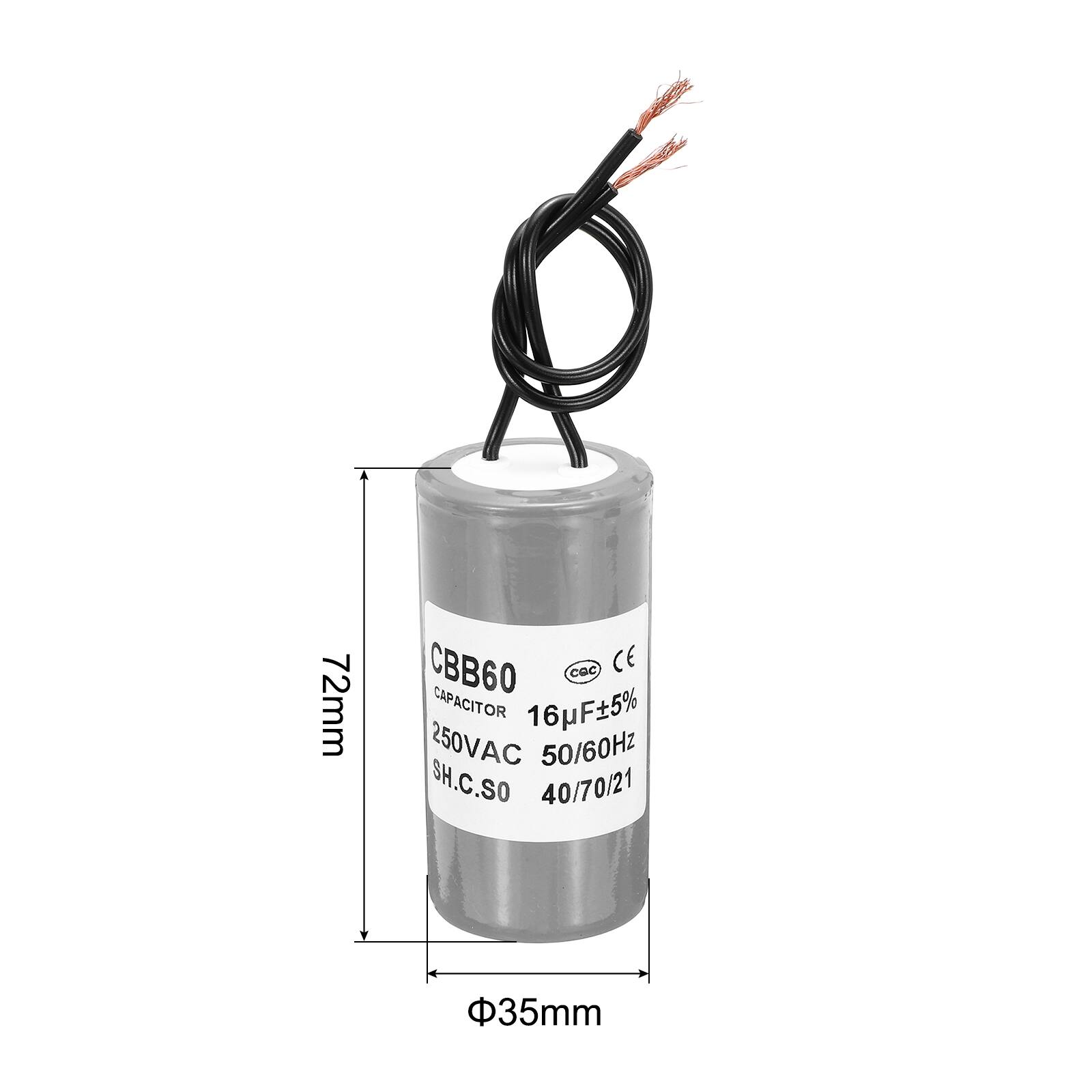 72mm CBB60 Capacitor 16µF±5% 250VAC 50/60Hz SH.C.SO 40/70/21 35mm