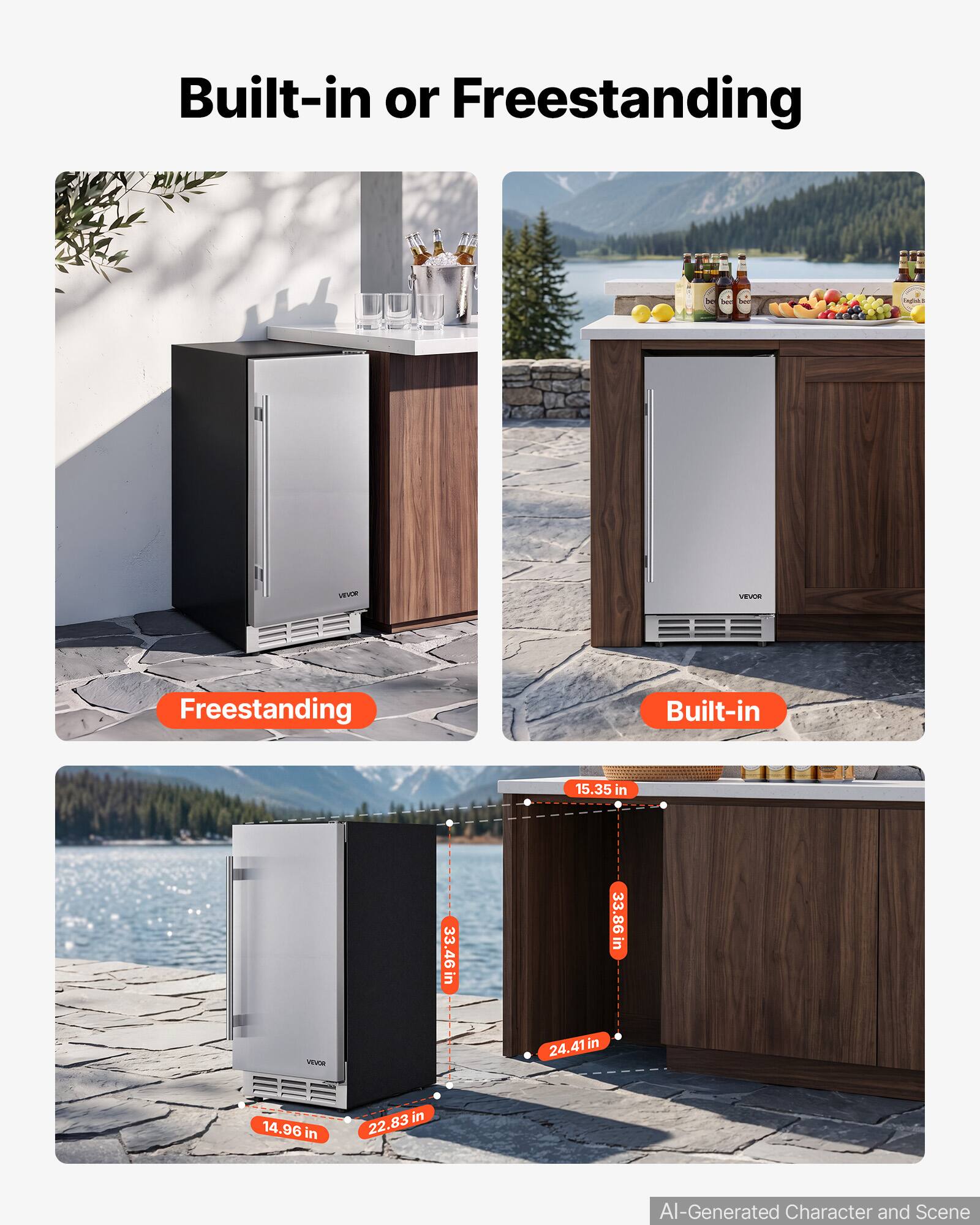 Built-in or Freestanding

NY CHANK
FAJOS
TEVOR

Freestanding
Built-in

15.35 in
VIEVOR
33.46 in
33.86 in
24.41 in
14.96 in
22.83 in

AI-Generated Character and Scene