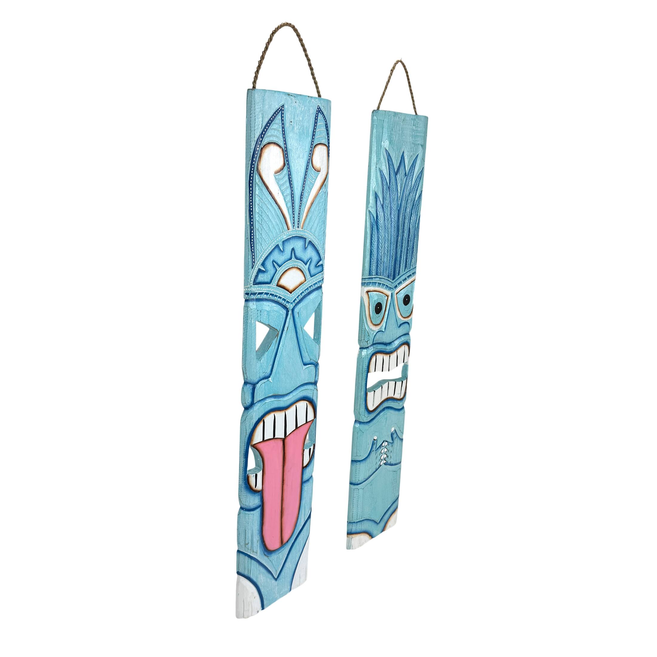 Alt View 1. Chesapeake Bay - Set of 2 Aqua Tiki Wall Plaques Hand Carved Wood 39 Inch Tall Coastal Decor - Aqua.