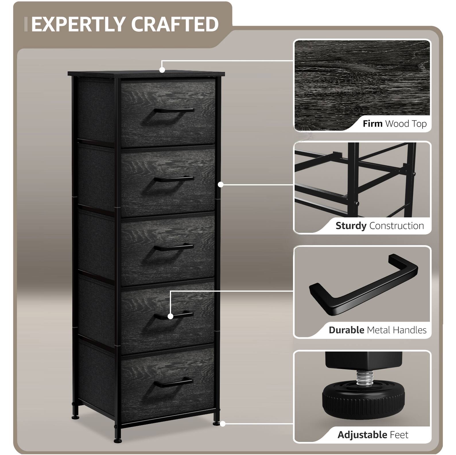 EXPERTLY CRAFTED

- Firm Wood Top
- Sturdy Construction
- Durable Metal Handles
- Adjustable Feet