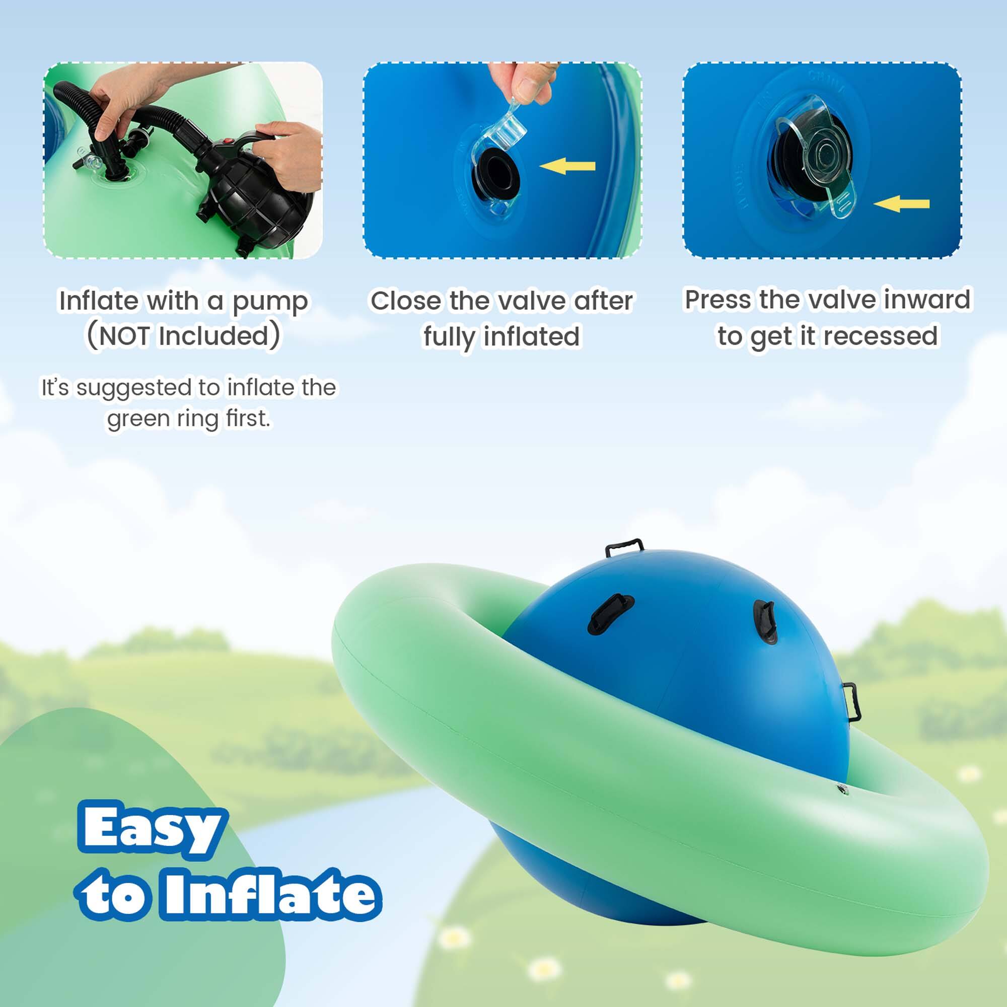 Inflate with a pump (NOT Included). It's suggested to inflate the green ring first. Close the valve after fully inflated. Press the valve inward to get it recessed. Easy to Inflate.