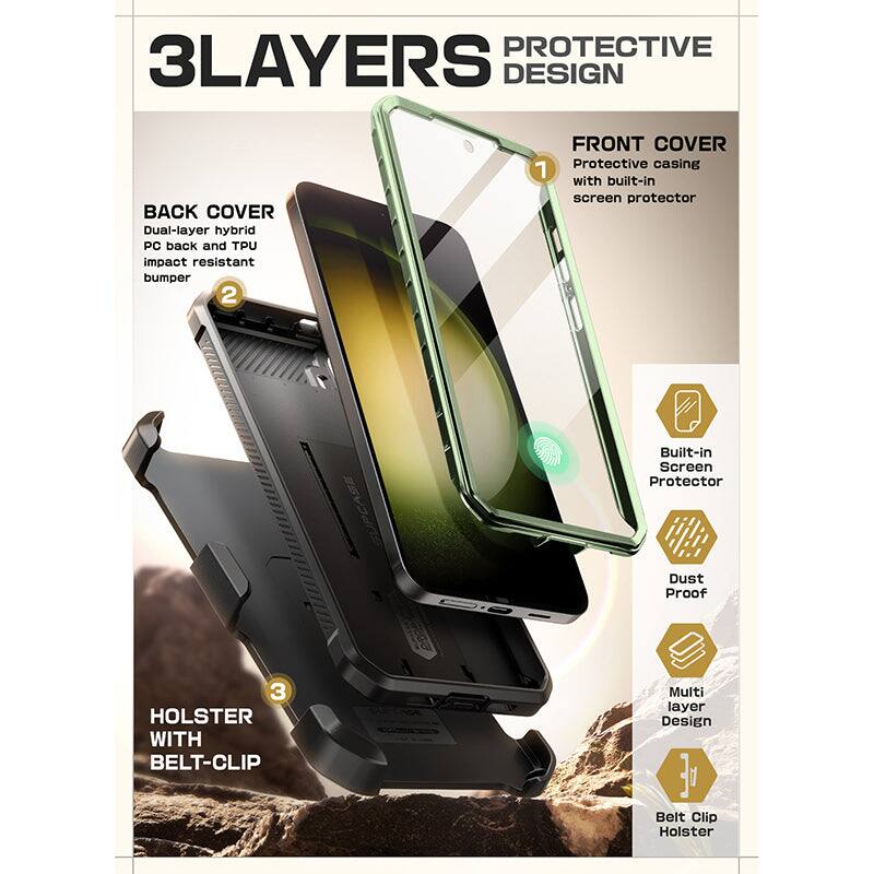 **3LAYERS PROTECTIVE DESIGN**

**BACK COVER**
- Dual-layer hybrid PC back and TPU impact resistant bumper

**FRONT COVER**
- Protective casing with built-in screen protector

**HOLSTER WITH BELT-CLIP**
- Belt Clip Holster

**Features:**
- Built-in Screen Protector
- Dust Proof
- Multi layer Design