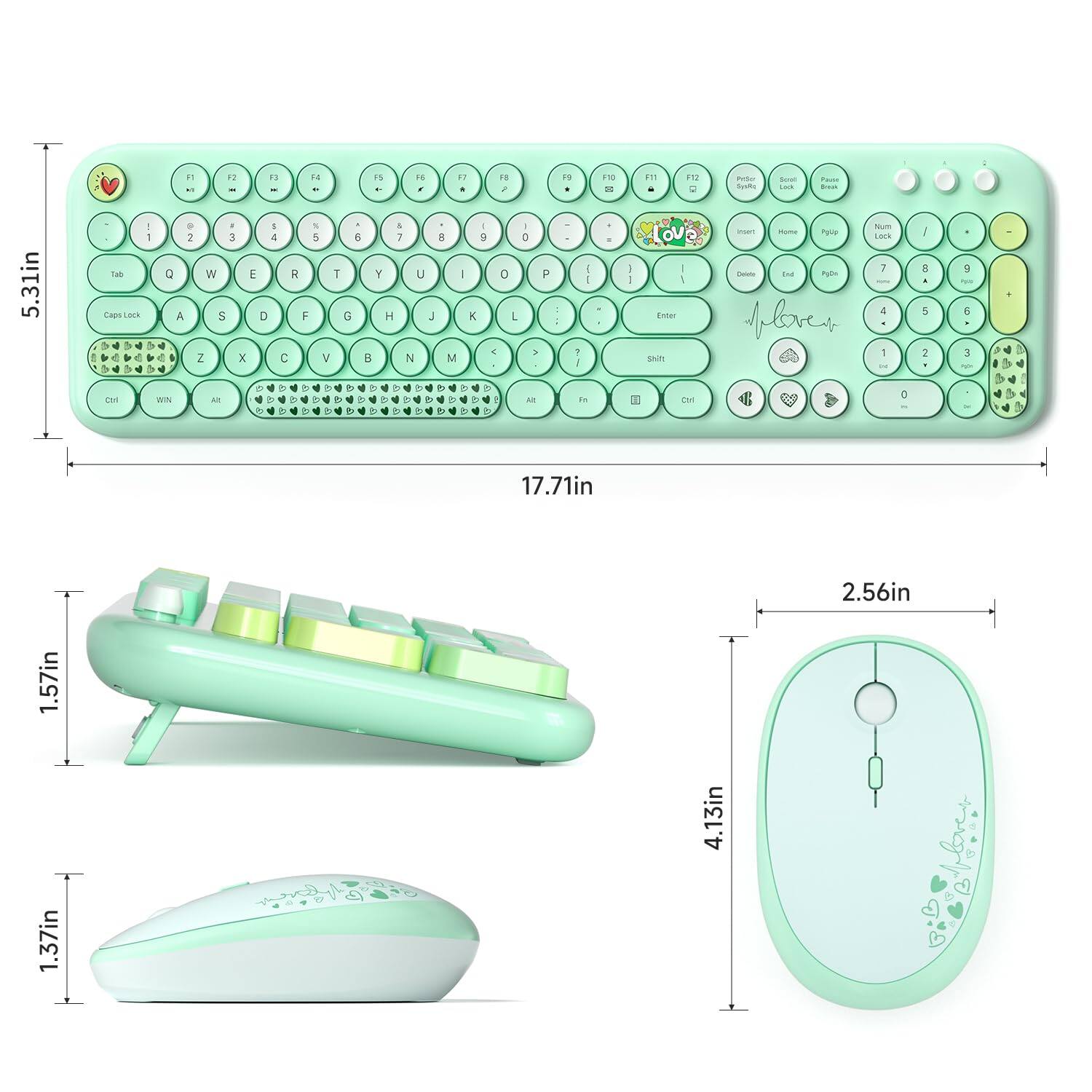 T - "1 - a - P + 14 . 1 . FI 2 P * 118 - E11 1 9 - tuats - /m - 5.31in tas LaBIS - I 1 . 2 3 a W t A S D A Z E - . 4  8 A T F G C V . I Y U H .. H N d N I 1   O L 4 1 0 3 P . d - -  I -  - Vo - Entar SAUR i - POUE   hyls dloves Num Lark i 4 - 1 J 8 .  i a -  . 3 - - . WI L A in cEN g 17.71in 2.56in 1.57in 1.37in 4.13in

- Keyboard: 5.31in x 17.71in
- Mouse: 4.13in x 2.56in
- Mouse Pad: 1.57in x 1.37in