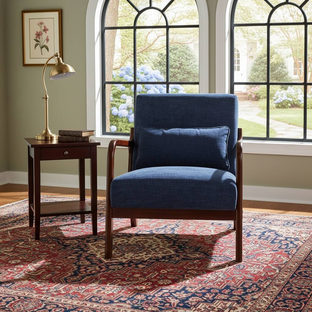 Alt View 5. Forest'nSky - Brown  Wood Mid Century Modern Office Chair with Solid Wood Frame & Lumbar Pillow with Antique Blue Cushion - Antique Blue.