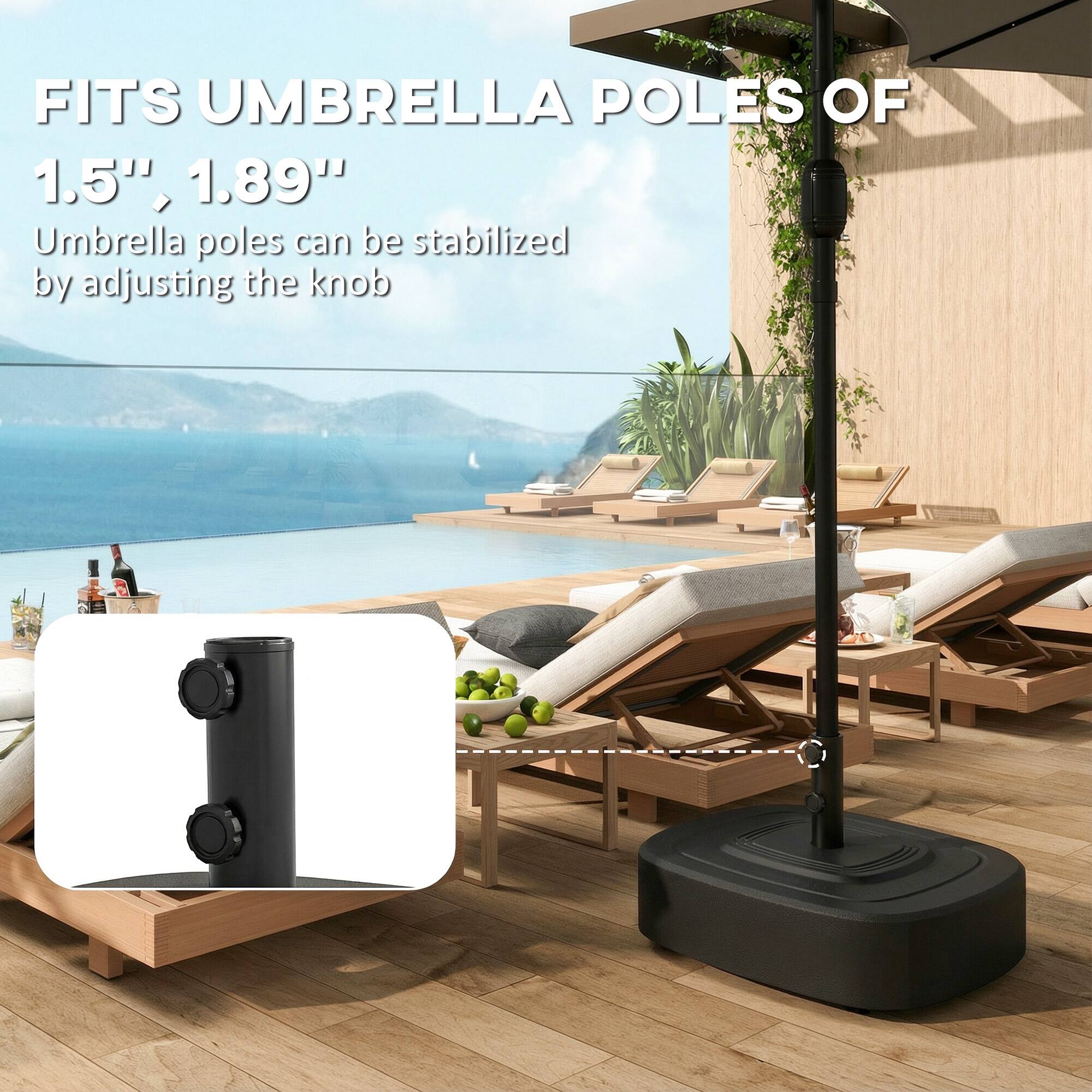 FITS UMBRELLA POLES OF 1.5", 1.89"

Umbrella poles can be stabilized by adjusting the knob