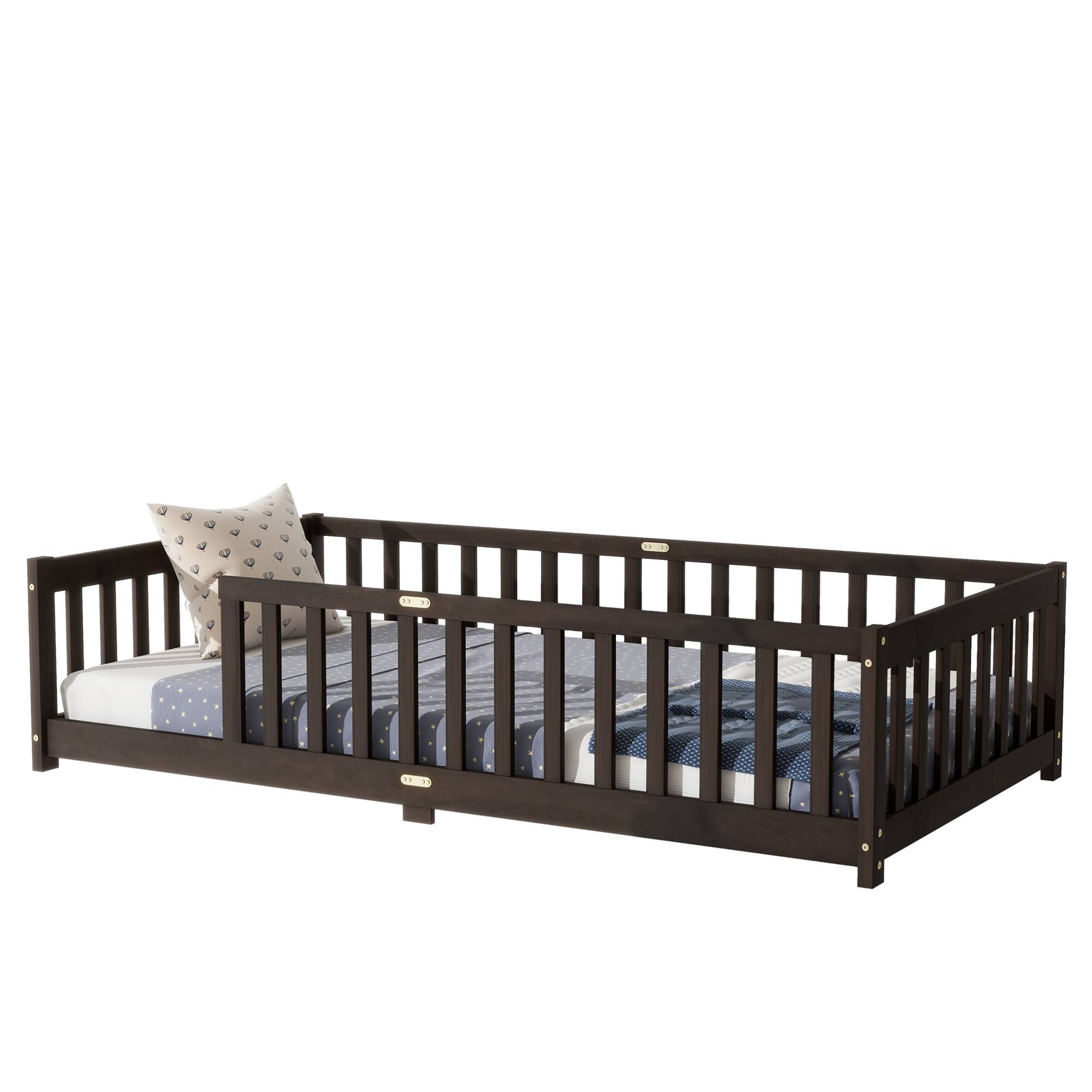 Alt View 4. GOODSILO - Twin Size Floor Bed with Safety Fence for Kids, Sturdy Rubber Wood Construction, Easy Assembly - Espresso.