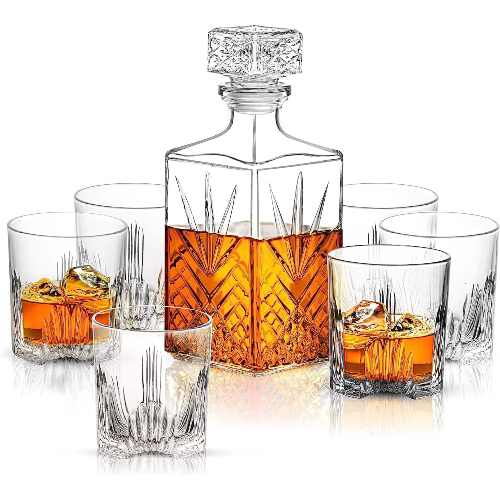Bormioli Rocco - Selecta Decanter & Tumblers Set, Etched Starburst 7-Piece with Airtight Diamond Stopper - Clear