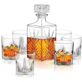Bormioli Rocco - Selecta Decanter & Tumblers Set, Etched Starburst 7-Piece with Airtight Diamond Stopper - Clear