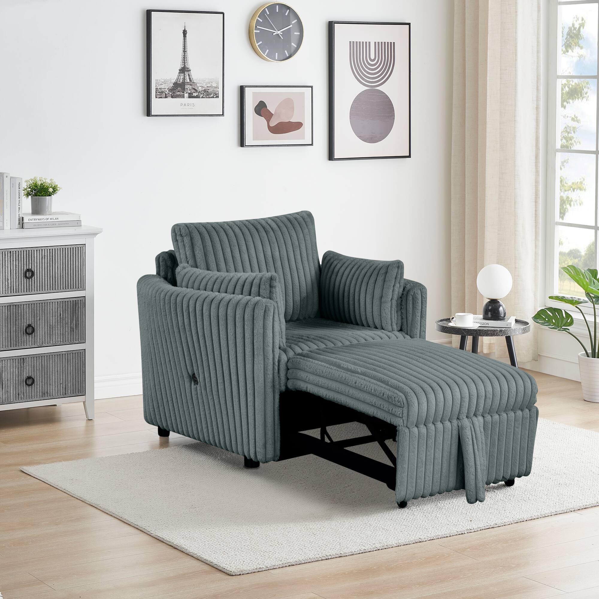 Left. Vaczon - Pull-Out Sleeper Chair Bed with USB Charging, Convertible Lounge Sofa Chair for Small Spaces, Includes 2 Pillows - Teal Gray.
