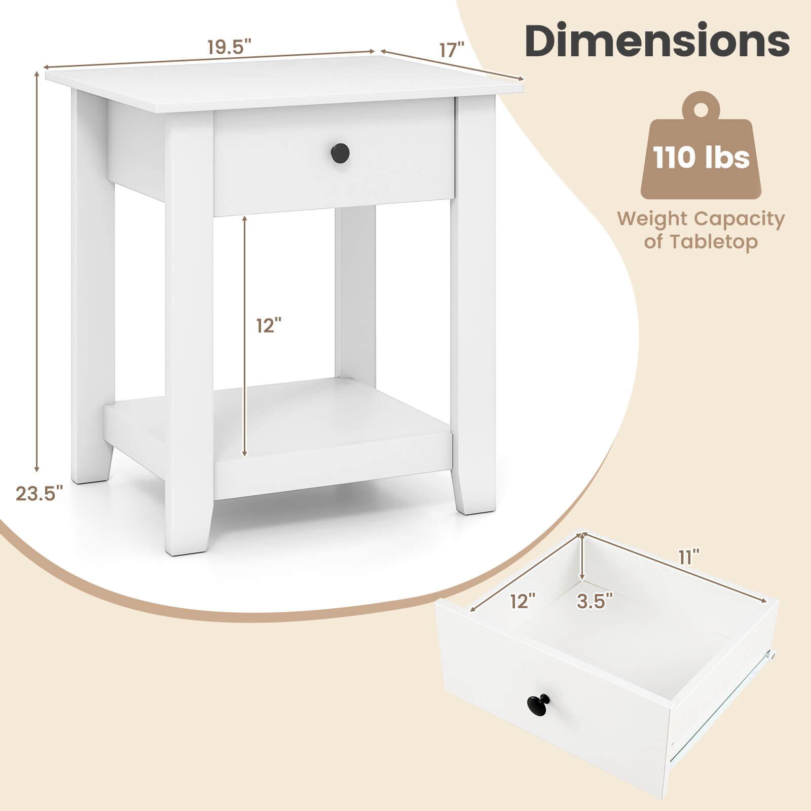 - Dimensions:
  - Tabletop: 19.5" x 17"
  - Shelf: 12" x 11"
  - Drawer: 12" x 11" x 3.5"
  - Overall Height: 23.5"
- Weight Capacity of Tabletop: 110 lbs