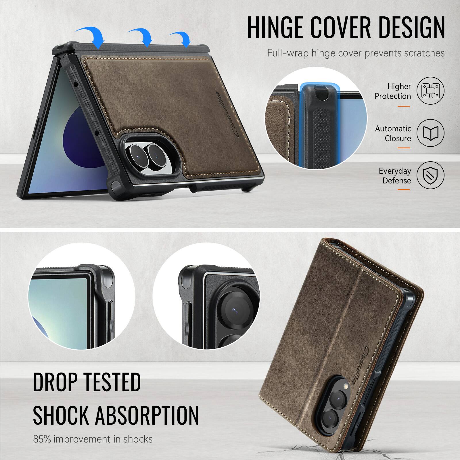 HINGE COVER DESIGN  
Full-wrap hinge cover prevents scratches

Higher Protection  
Automatic Closure  
Everyday Defense

DROP TESTED SHOCK ABSORPTION  
85% improvement in shocks
