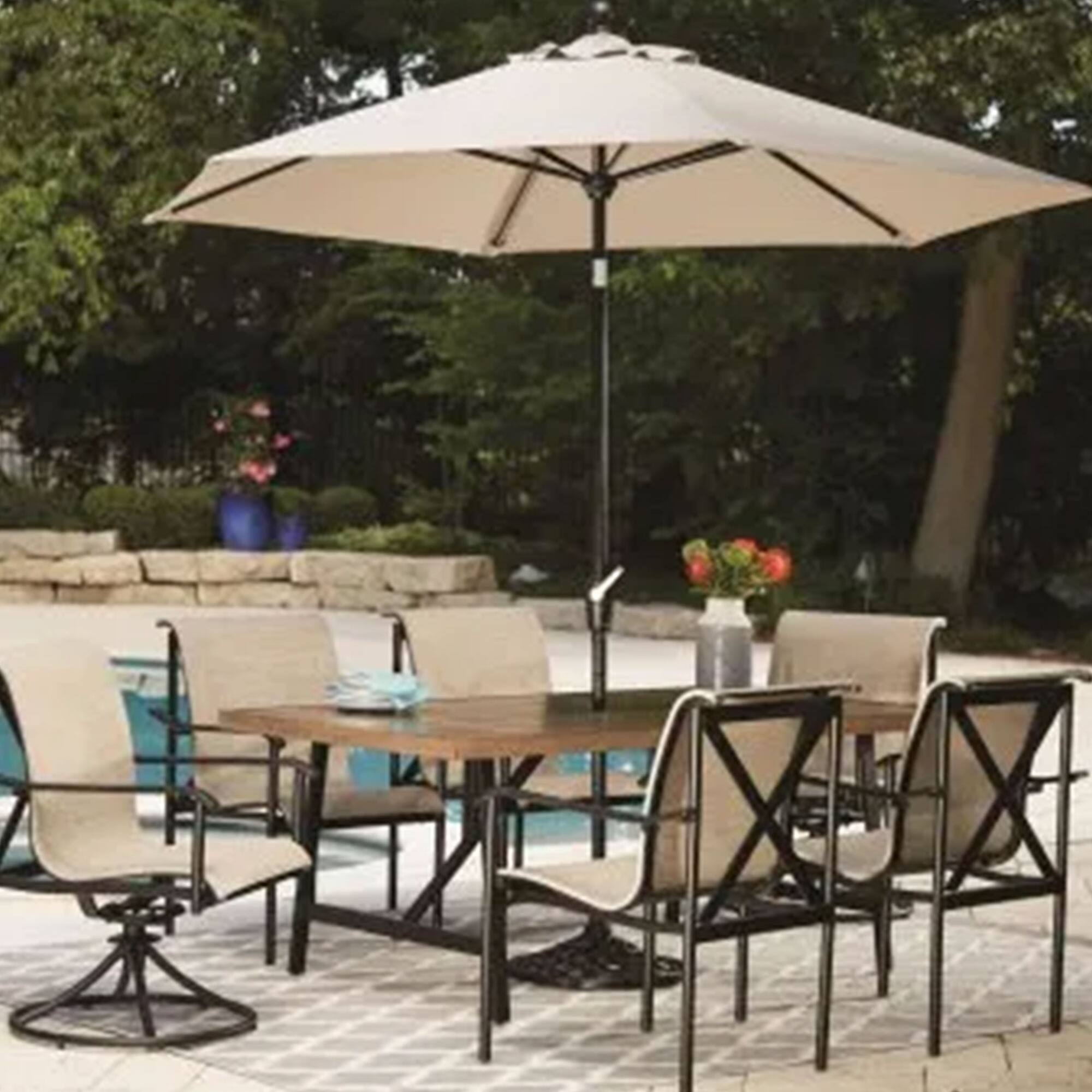 Alt View 4. Four Seasons Courtyard - Four Seasons Courtyard 2 Tone Aluminum Eastport Slat Top Patio Dining Table - Black, Coffee.
