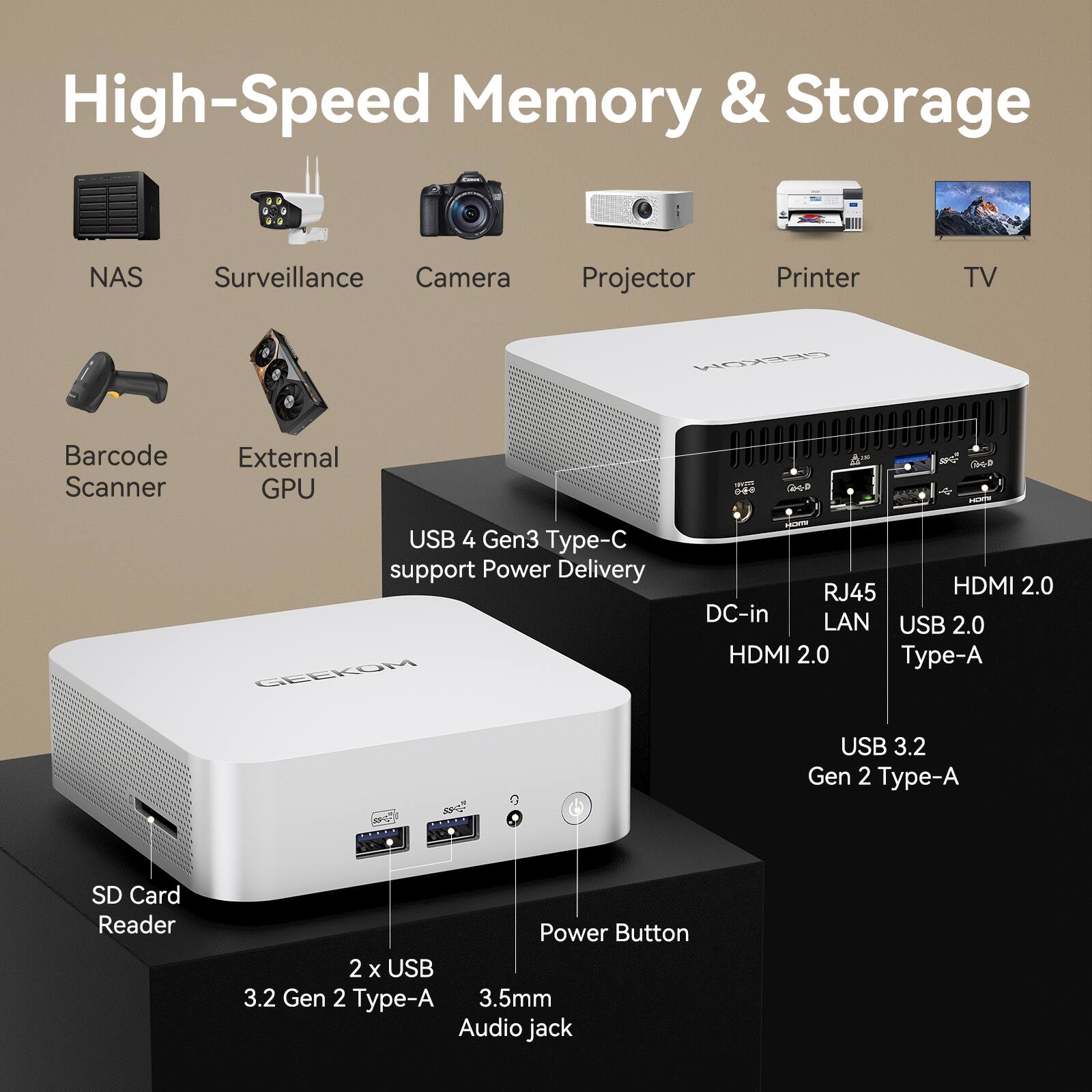 High-Speed Memory & Storage

NAS Surveillance Camera Projector Printer TV

Barcode Scanner External GPU

USB 4 Gen3 Type-C support Power Delivery

RJ45 LAN USB 2.0 Type-A HDMI 2.0

DC-in HDMI 2.0

USB 3.2 Gen 2 Type-A

SD Card Reader

2 x USB 3.2 Gen 2 Type-A

3.5mm Audio jack

Power Button