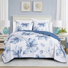 MarCielo - 3 Piece Lightweight Quilt Bedspread Set Reversible Floral Botanical - Blue Floral