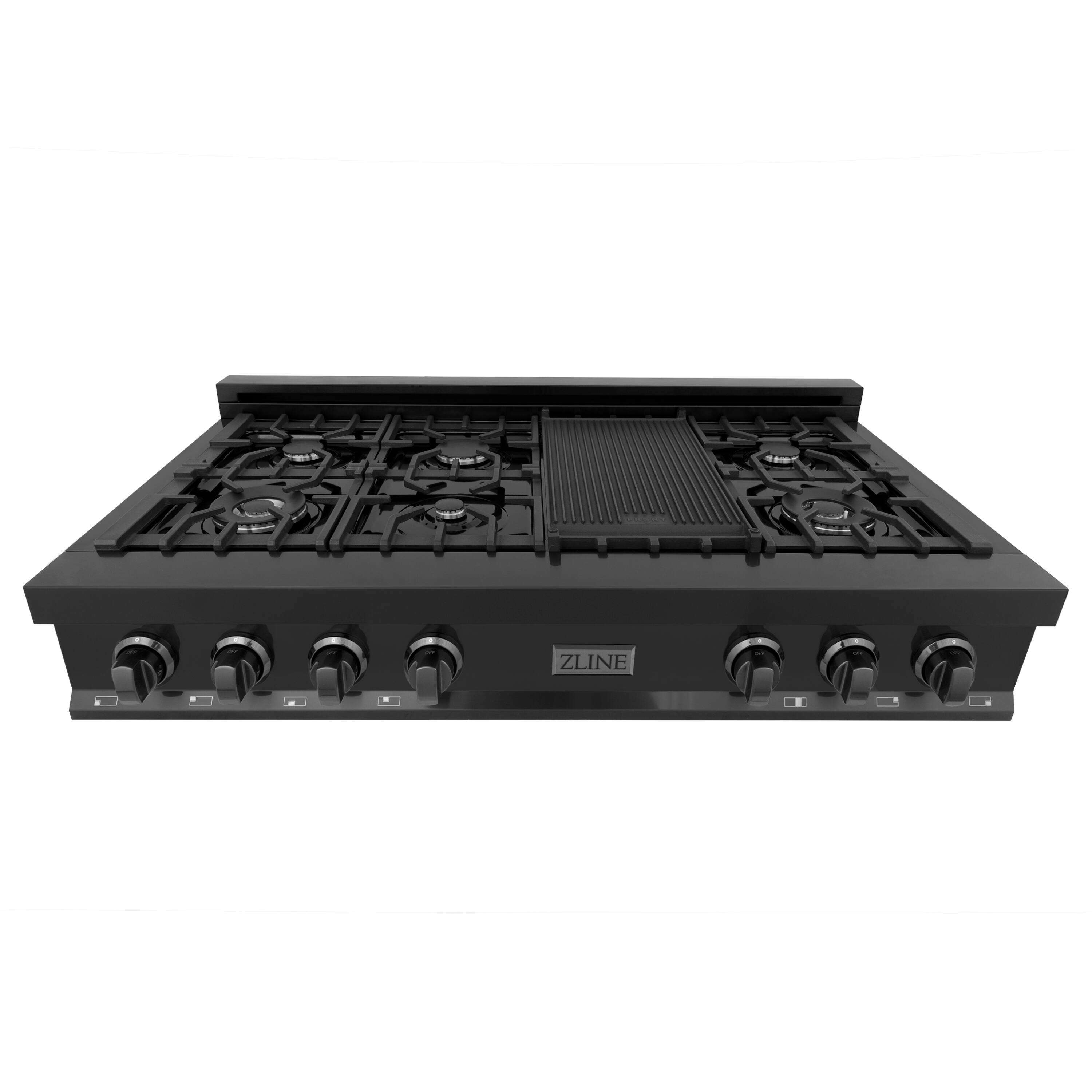 Angle. ZLINE - ZLINE 48 in. Classic Gas Rangetop with 8 Burners and Porcelain Cooktop in Black Stainless Steel (RTB-48) - Black stainless steel.