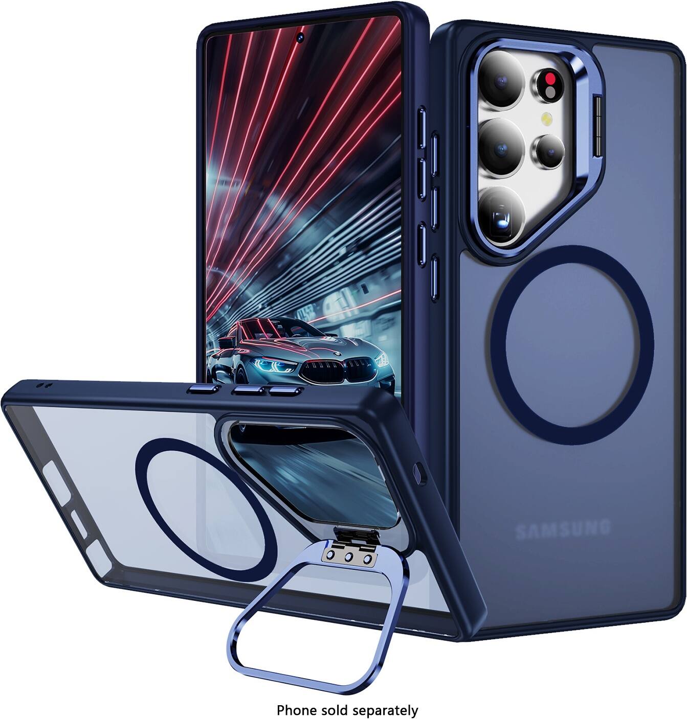 The image features a Samsung phone that is sold separately. The phone is displayed in a case, which is designed to protect the device. The case is blue and has a clear front, allowing the user to see the phone screen. The case also has a kickstand, which can be used to prop up the phone for easy viewing. The case is designed to provide a secure and stylish way to carry the phone, and it is available for purchase separately.