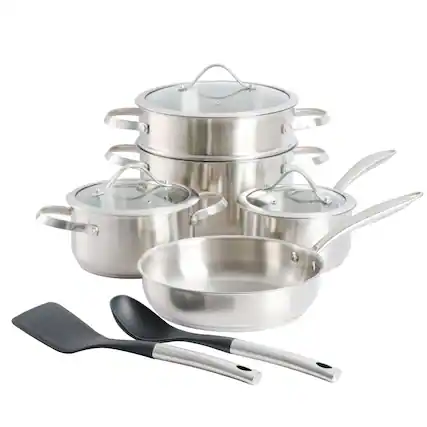 Front. Kenmore - Kenmore Aiden 10 Piece Stainless Steel Cookware Set - Silver.