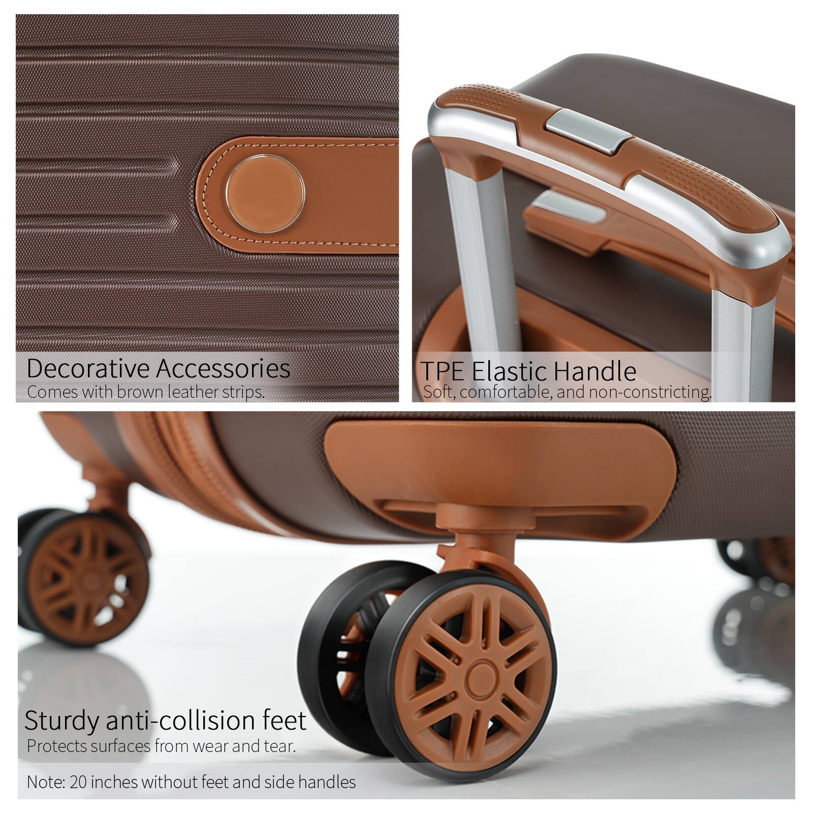 Decorative Accessories  
Comes with brown leather strips.

TPE Elastic Handle  
Soft, comfortable, and non-constricting.

Sturdy anti-collision feet  
Protects surfaces from wear and tear.

Note: 20 inches without feet and side handles