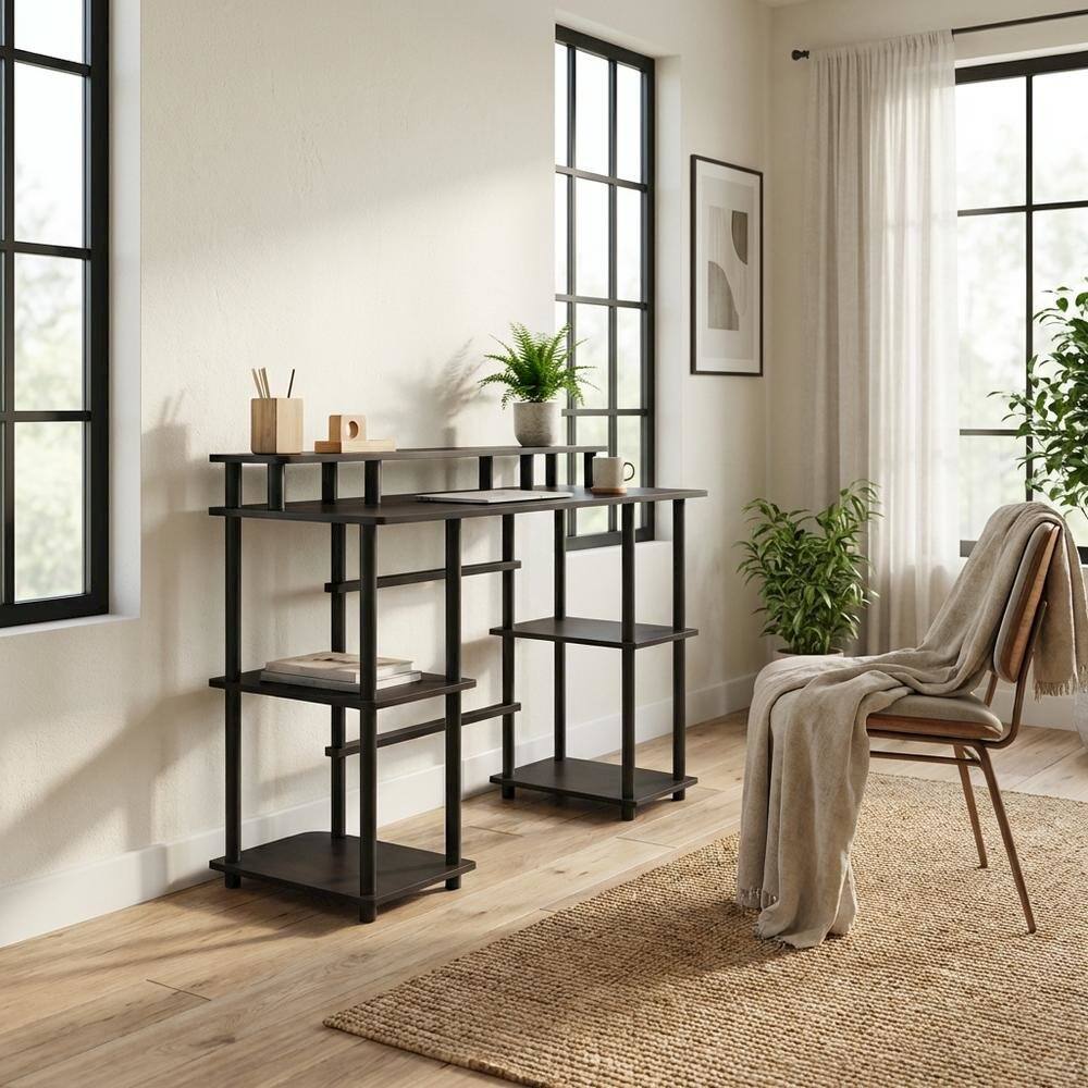 Left. BisonOffice - Espresso And Black Computer Desk With Top Shelf For Office Spaces - Espresso/Black.