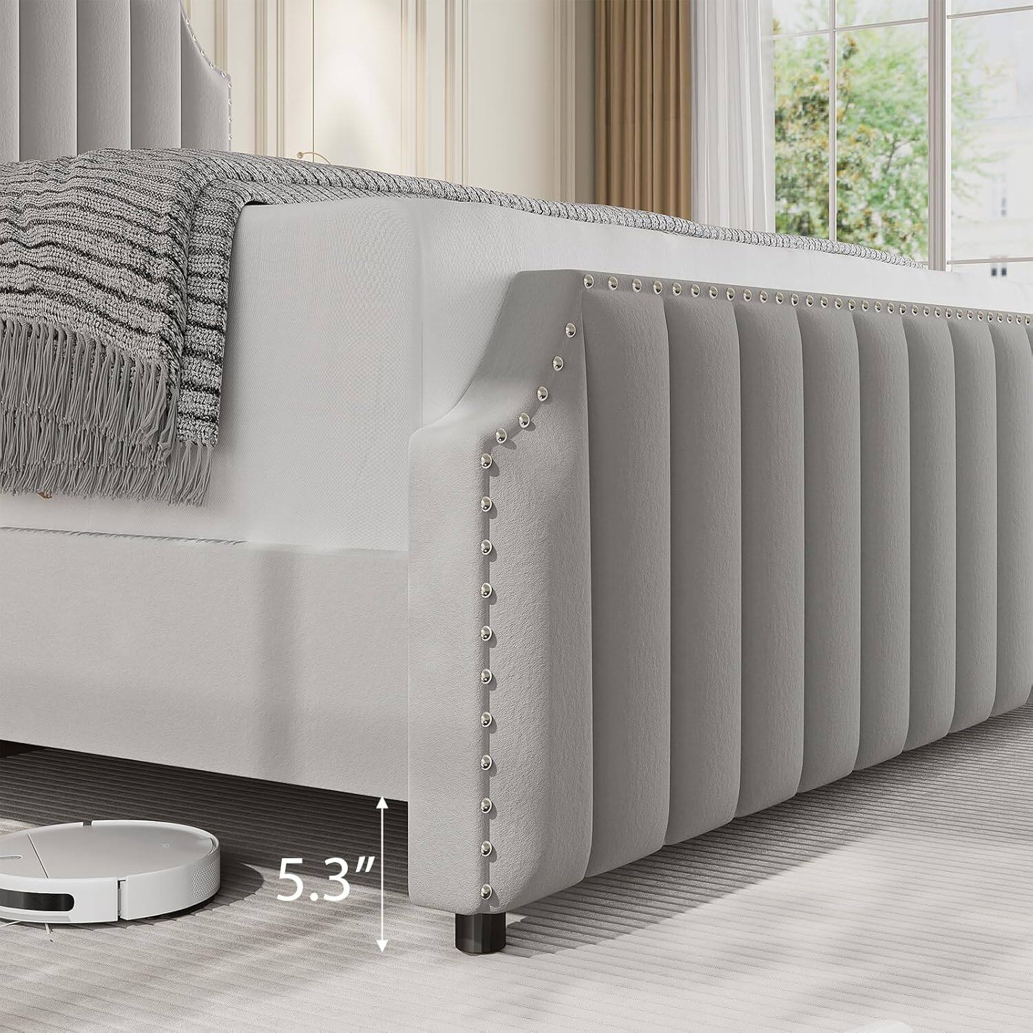 Alt View 1. Jojoka - King Velvet Bed Frame with 50" Tall Tufted Headboard & Footboard, Nailhead Trim, No Box Spring, Gray - Gray.