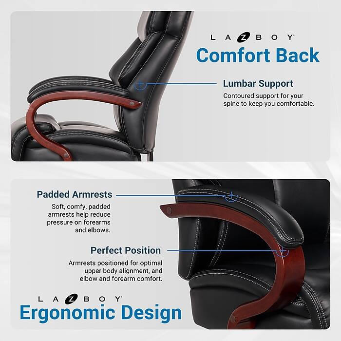 LA-Z-BOY Comfort Back  
Lumbar Support  
Contoured support for your spine to keep you comfortable.  

Padded Armrests  
Soft, comfy, padded armrests help reduce pressure on forearms and elbows.  

Perfect Position  
Armrests positioned for optimal upper body alignment, and elbow and forearm comfort.  

LA-Z-BOY Ergonomic Design