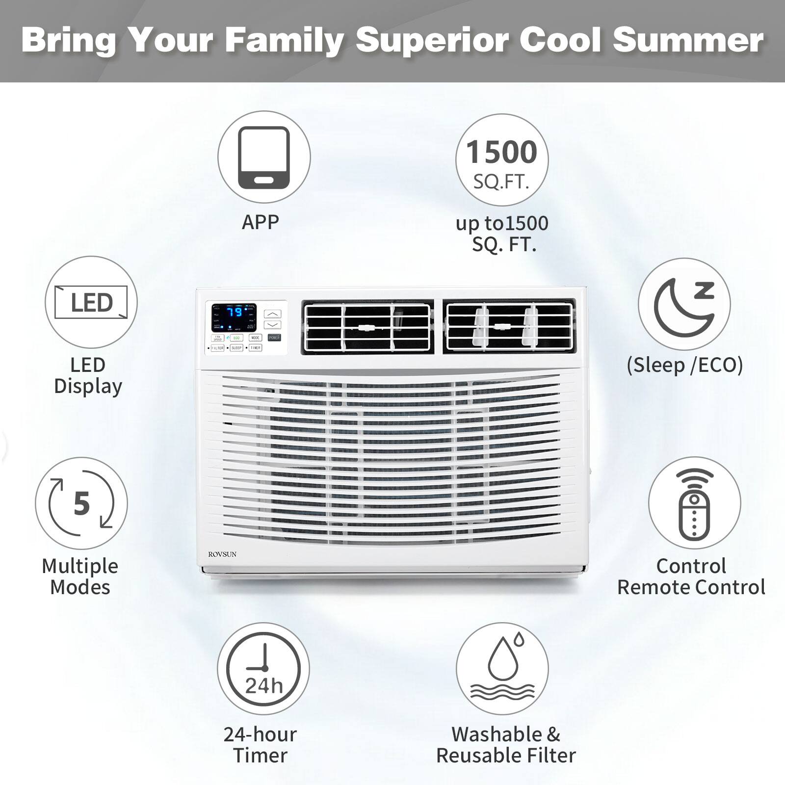 Bring Your Family Superior Cool Summer

- APP
- LED Display
- Multiple Modes
- 24-hour Timer
- Washable & Reusable Filter
- Control Remote Control
- (Sleep / ECO)
- 1500 SQ.FT. (up to 1500 SQ. FT.)