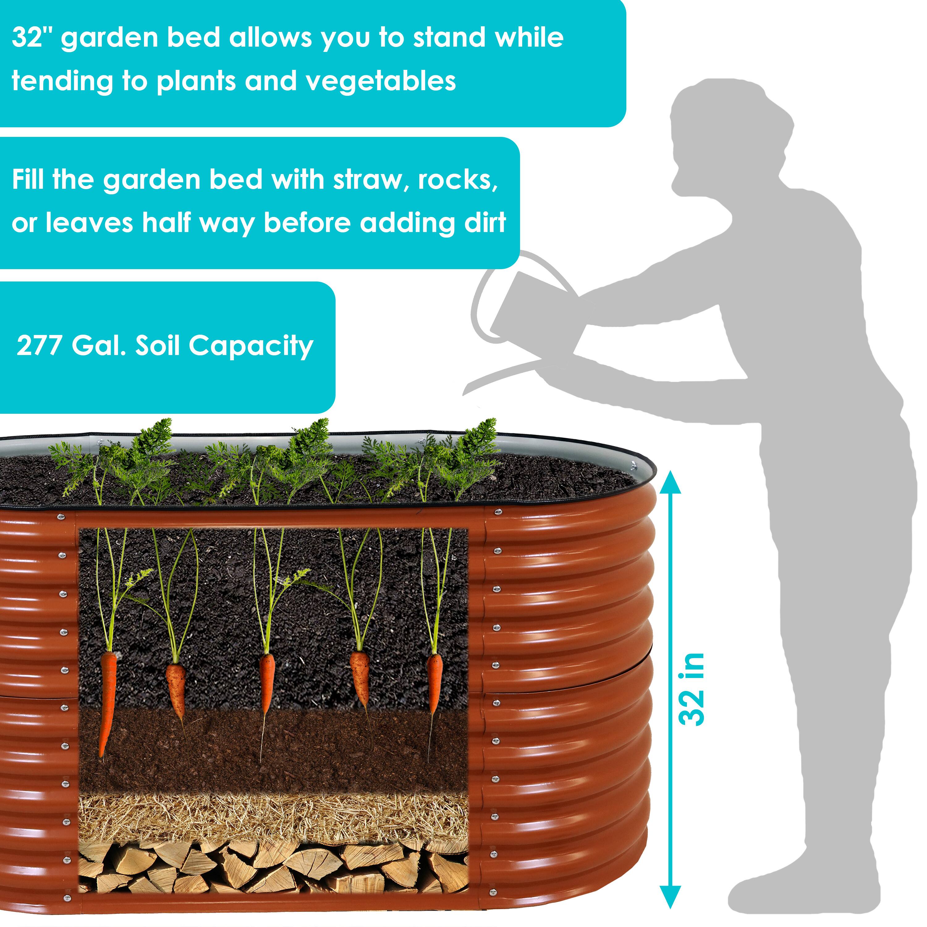 32" garden bed allows you to stand while tending to plants and vegetables

Fill the garden bed with straw, rocks, or leaves half way before adding dirt

277 Gal. Soil Capacity