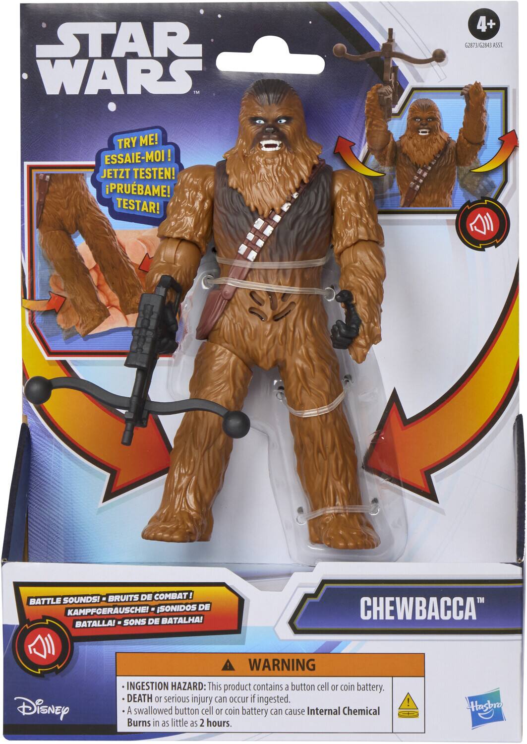 STAR WARS 1M 4+ G2873/62843 ASST TRY ME! ESSAIE-MOI! JETZT TESTEN! PRÜEBAME! TESTAR! SOUNDS! . BRUITS DE COMBAT! BATTLE SONIDOS DE KAMPFCERAUSCHE! BATALLA!- SONS DE BATALHA! CHEWBACCA" Disney ! WARNING INGESTION HAZARD: This product contains a button cell 10 coin battery. DEATH or serious injury can occur if ingested. A swallowed button cell 10 coin battery can cause Internal Chemical Burns in as little as 2 hours. ! Hasbro