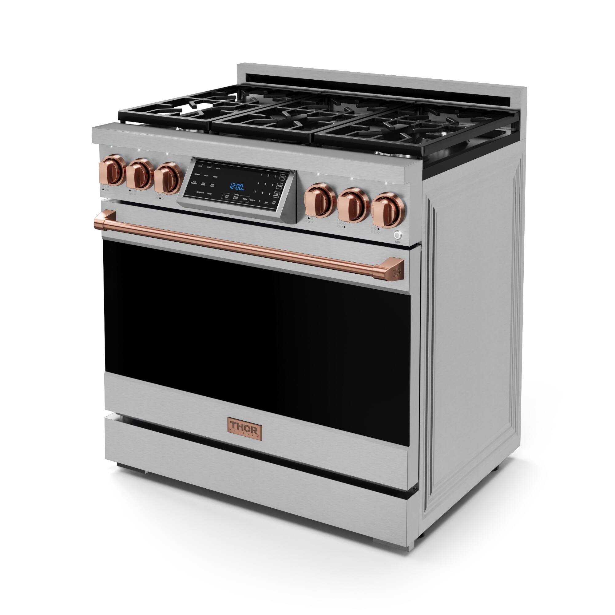"Thor" is the brand name of the oven, and it is a modern, stainless steel oven with a black stove top.