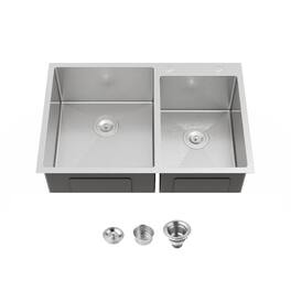 Ropilly - 33 x 22 Double Bowl Kitchen Sink, Overmount Stainless Steel Sink, Brushed Drain Included - Dark Gray