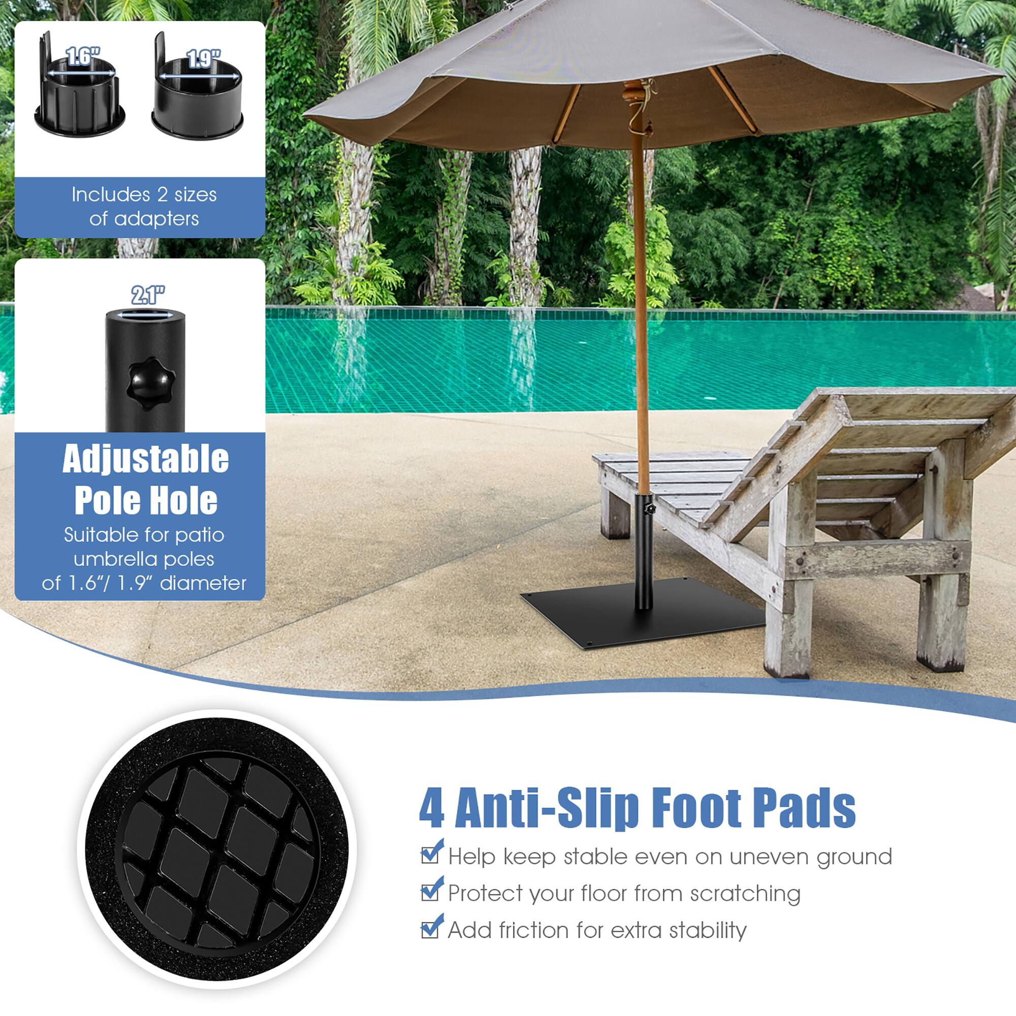 The text on the image reads: "1.6" 1.9" Includes 2 sizes of adapters 2.1" Adjustable Pole Hole Suitable for patio umbrella poles of 1.6% 1.9" diameter 4 Anti-Slip Foot Pads Help keep stable even on uneven ground Protect your floor from scratching Add friction for extra stability."