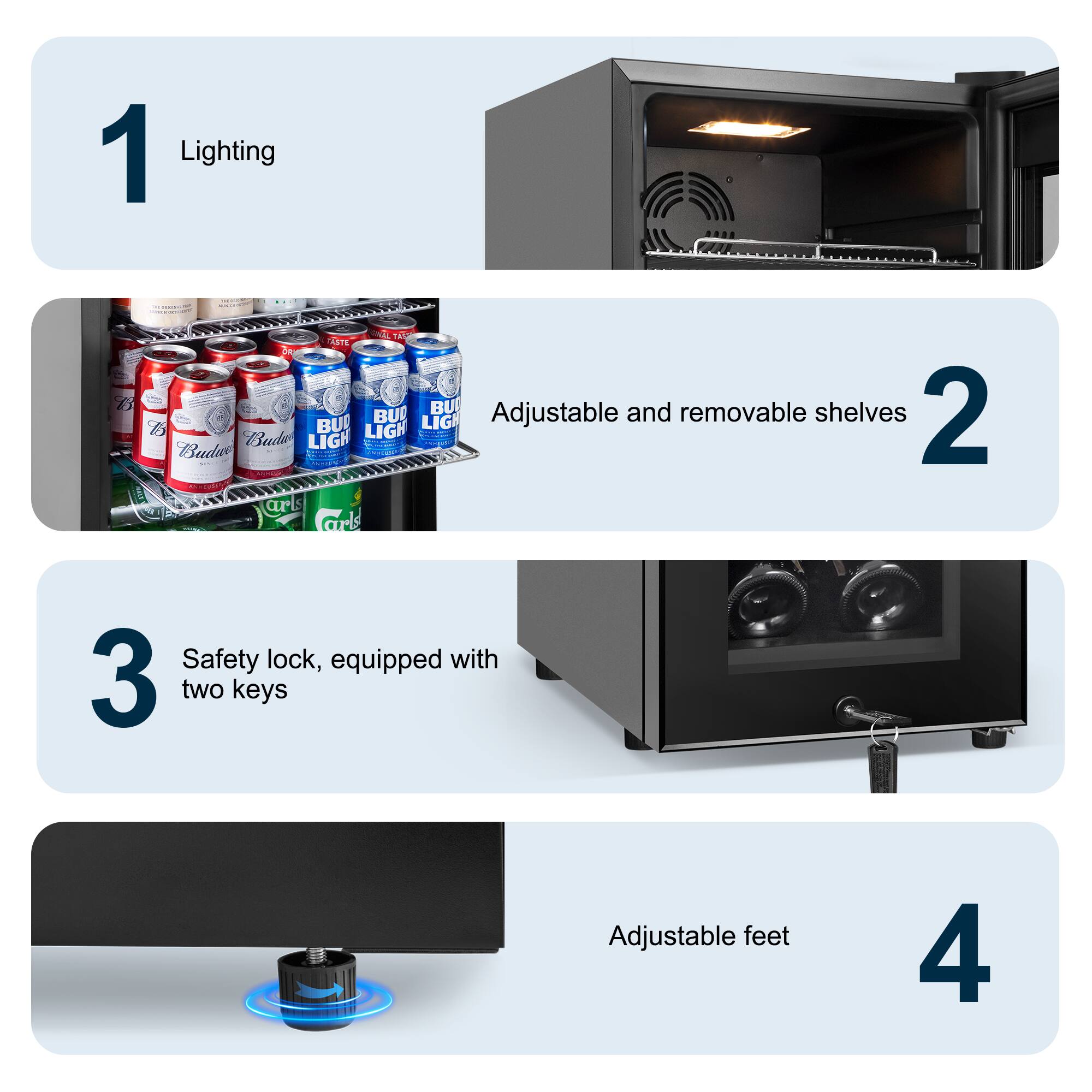 1. Lighting
2. Adjustable and removable shelves
3. Safety lock, equipped with two keys
4. Adjustable feet