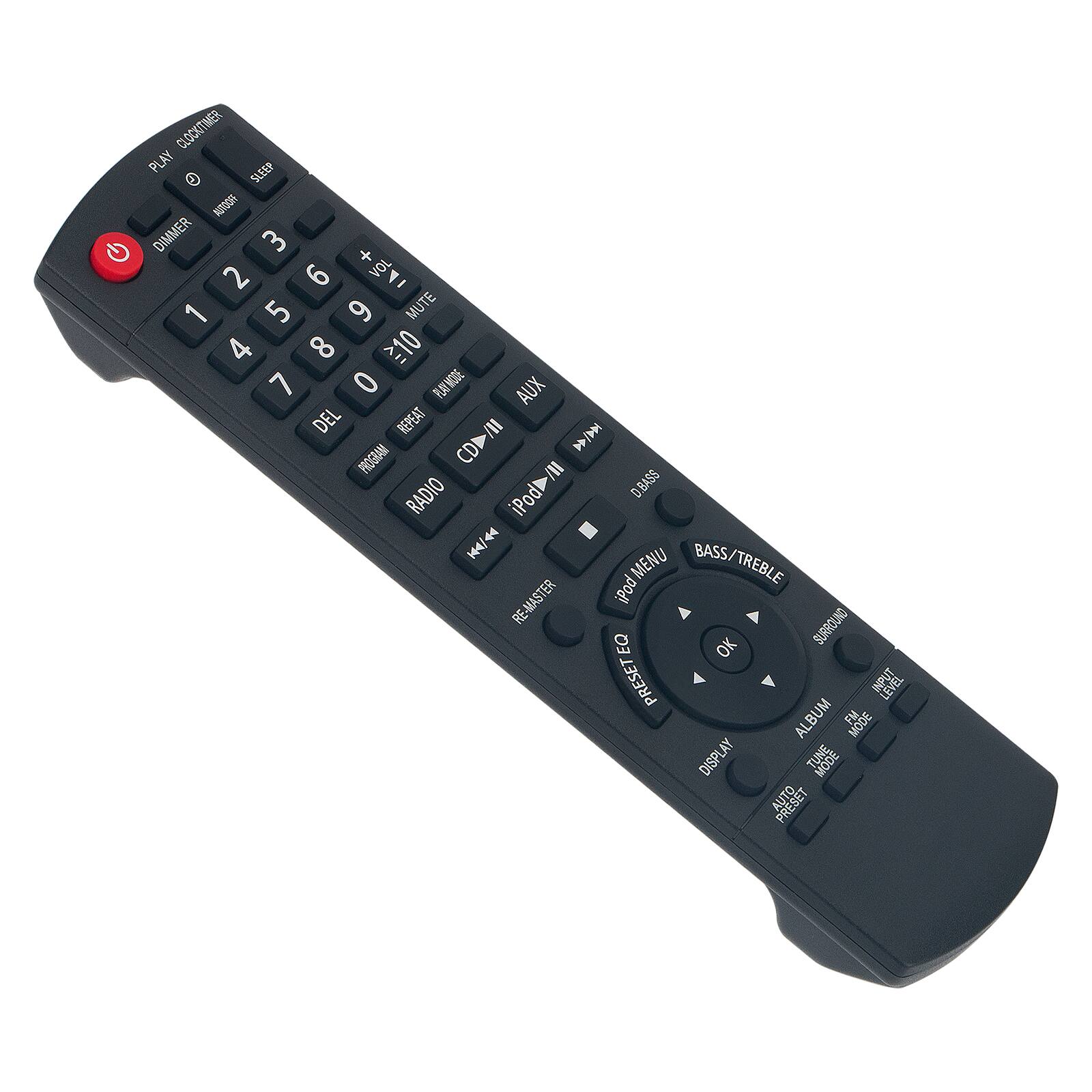 Sure, here is the corrected and grouped text from the image:

**Top Row:**
- CLOCK TIMER
- PLAY
- SLEEP
- MUOES
- DIMMER

**Number Pad:**
- 1 2 3
- 4 5 6
- 7 8 9
- 0

**Volume and Mute:**
- VOL -
- VOL +
- MUTE

**Playback Controls:**
- DEL
- REPEAT
- CD/II
- RADIO
- iPod/II
- D.BASS
- RE-MASTER
- iPod EQ
- OK
- SURROUND
- PRESET
- EV
- ALBUM
- FM MODE
- DISPLAY
- AY MODE
- AUTO

**Menu and Settings:**
- iPod MENU
- BASS/TREBLE
- BASS
- MENU
- OK
- PRESET
- ALBUM
- FM MODE
- DISPLAY
- AUTO PRESET

**Additional Buttons:**
- AUX
- PROGRAM
- BASS/TREBLE
- BASS
- MENU
- OK
- PRESET
- ALBUM
- FM MODE
- DISPLAY
- AUTO PRESET