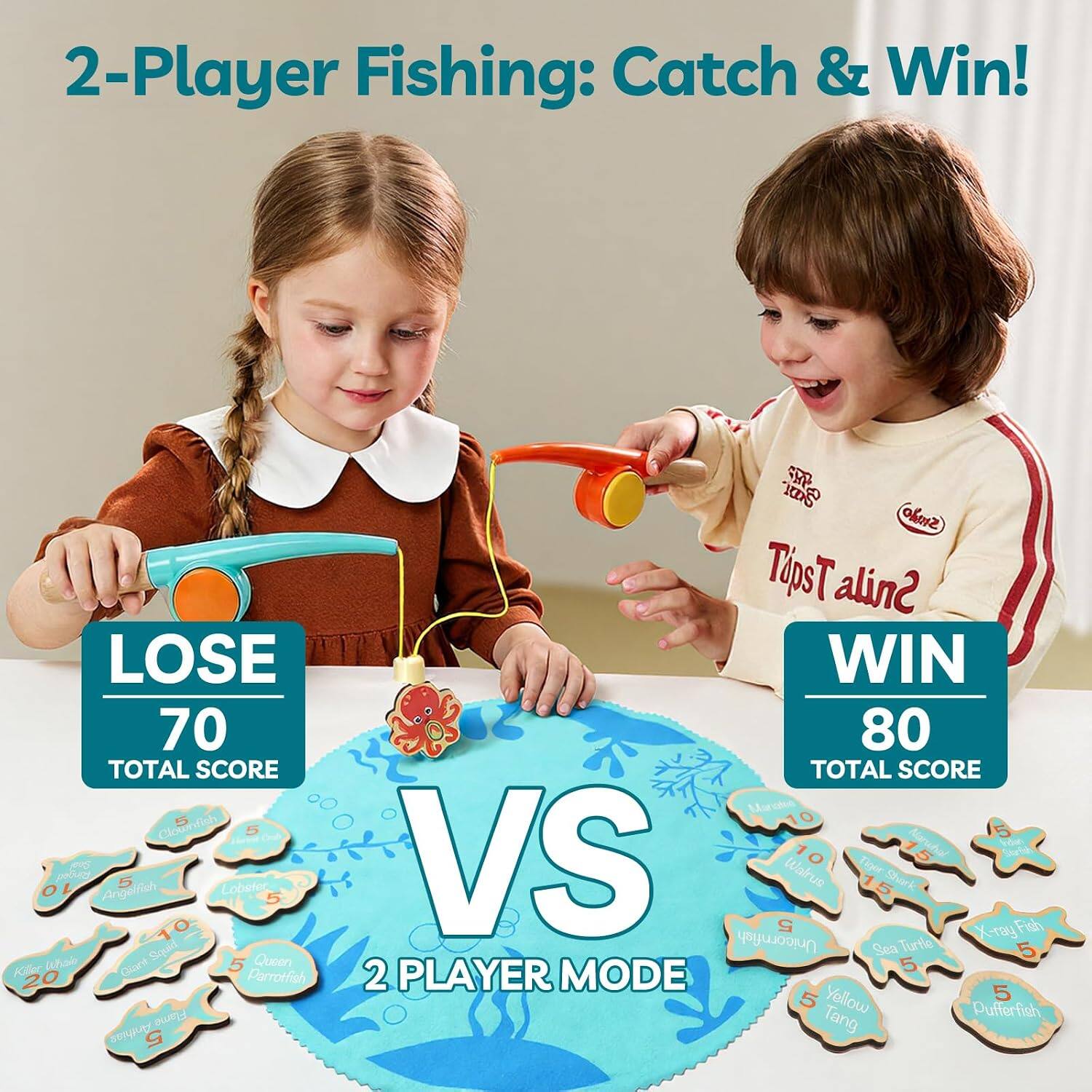 2-Player Fishing: Catch & Win!  
Sip So Swao Tips Talin2  
LOSE 70 TOTAL SCORE  
WIN 80 TOTAL SCORE  

Marole Clownfish 5  
VS Merwhal 10  
Walrus Tiger Angelfish 5  
Lobster 5  
Shaak 5  
X-ray Fish 5  
Squid 5  
Unicornfish 5  
Sea Turtle 5  
Rho Glont 5  
Queen 5  
Killer Parrotfish 2  
PLAYER MODE 20 5 5  
Yellow Pufferfish 5  
Flame Tang 5