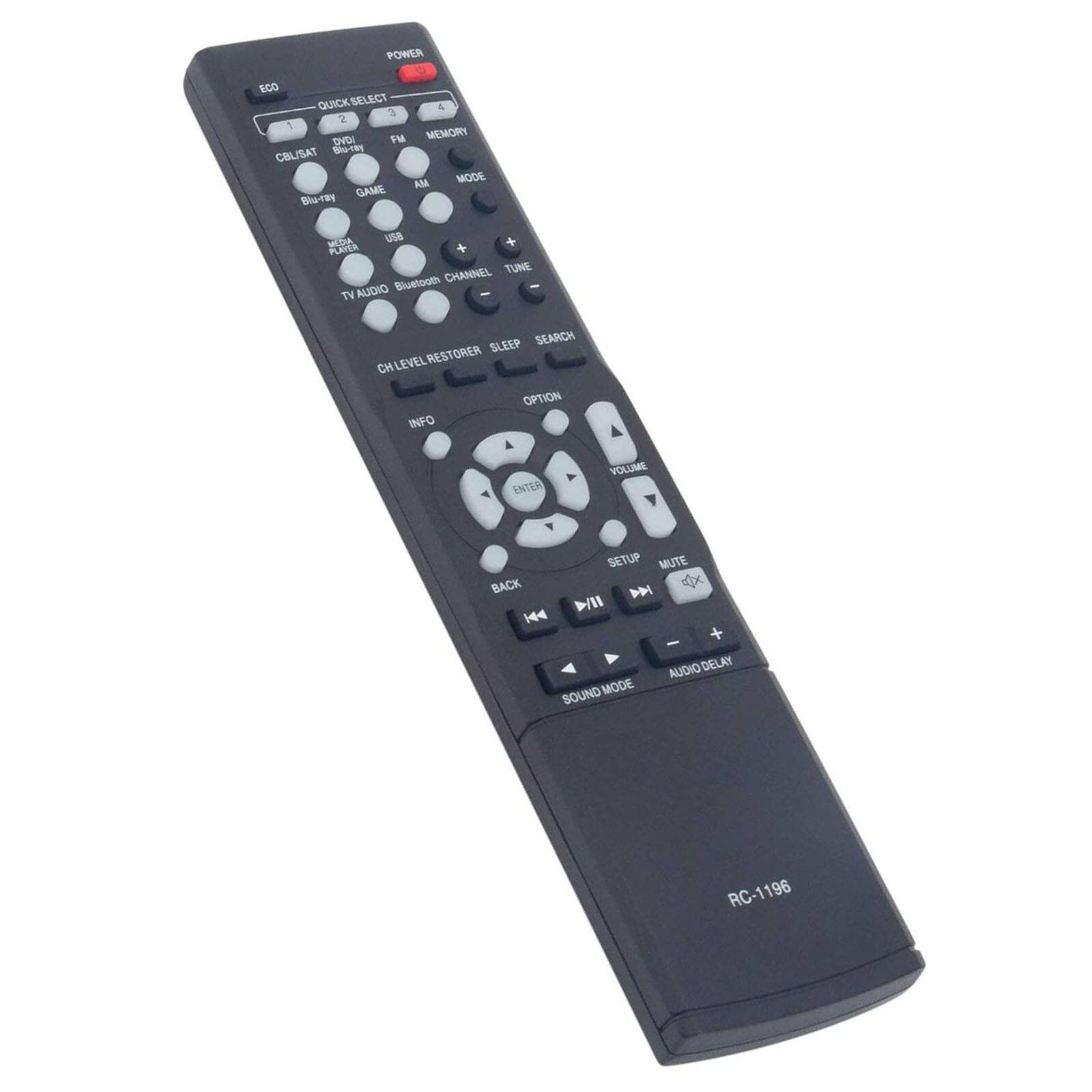 POWER ECO QUICK SELECT 1 2 3 4 MEMORY CBL/SAT DVDI FM AM MODE Biu-tay GAME MEDA use PLAISA + CHANNEL TUNE AUDIO Bluelooth TV - SLEEP SEARCH CH LEVELRESTORER OPTION INFO ENTER VOLUME BACK 144 SETUP MUTE x N D/I SOUND MODE - AUDIO DELAY RC-1196