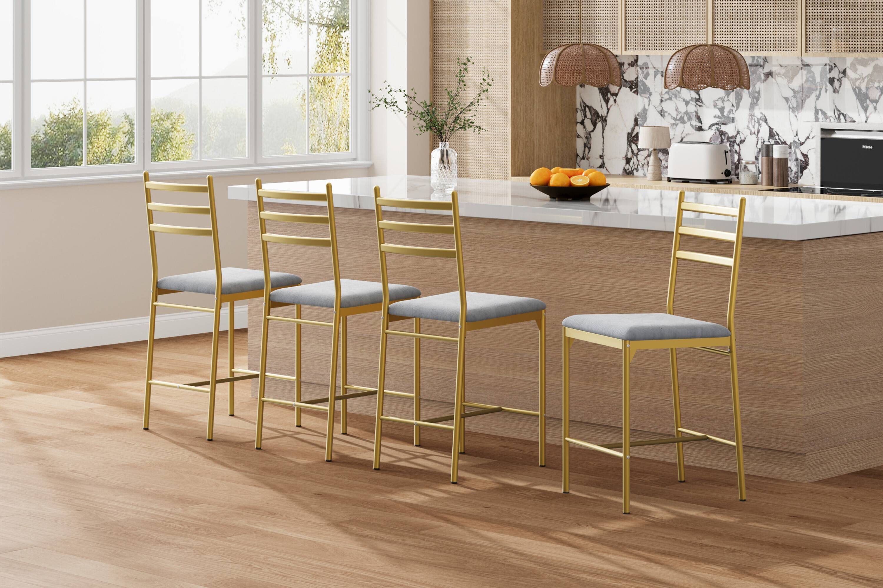 Front. Homhougo - Bar Stools Set of 4, Wooden Barstools, Faux Leather Upholstered Bar Chair - Gold.