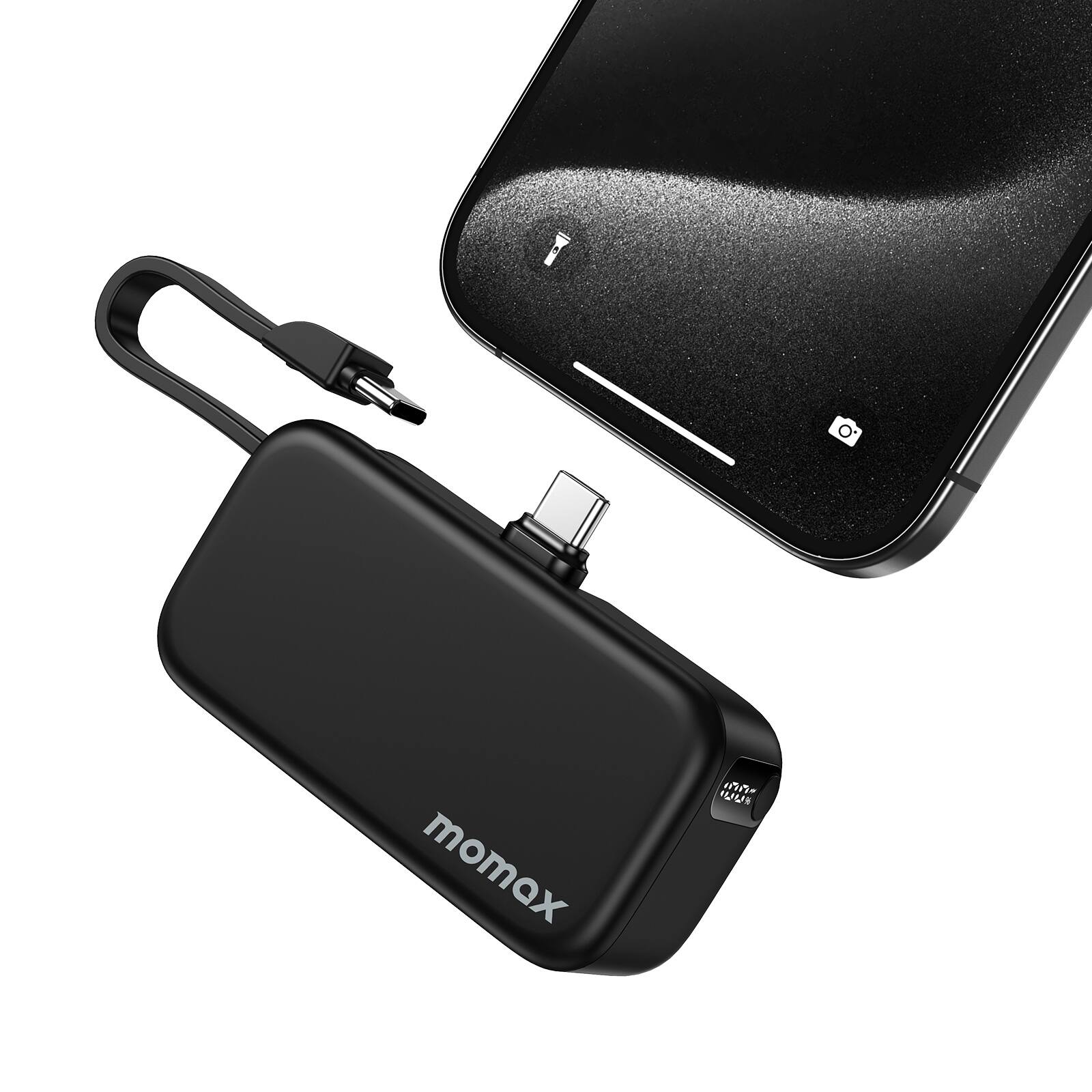 Momax - 5000mAh Portable Charger with Built-in USB-C Cable 20W Fast Charging 3 Output Ports Foldable Design LCD Display - Black