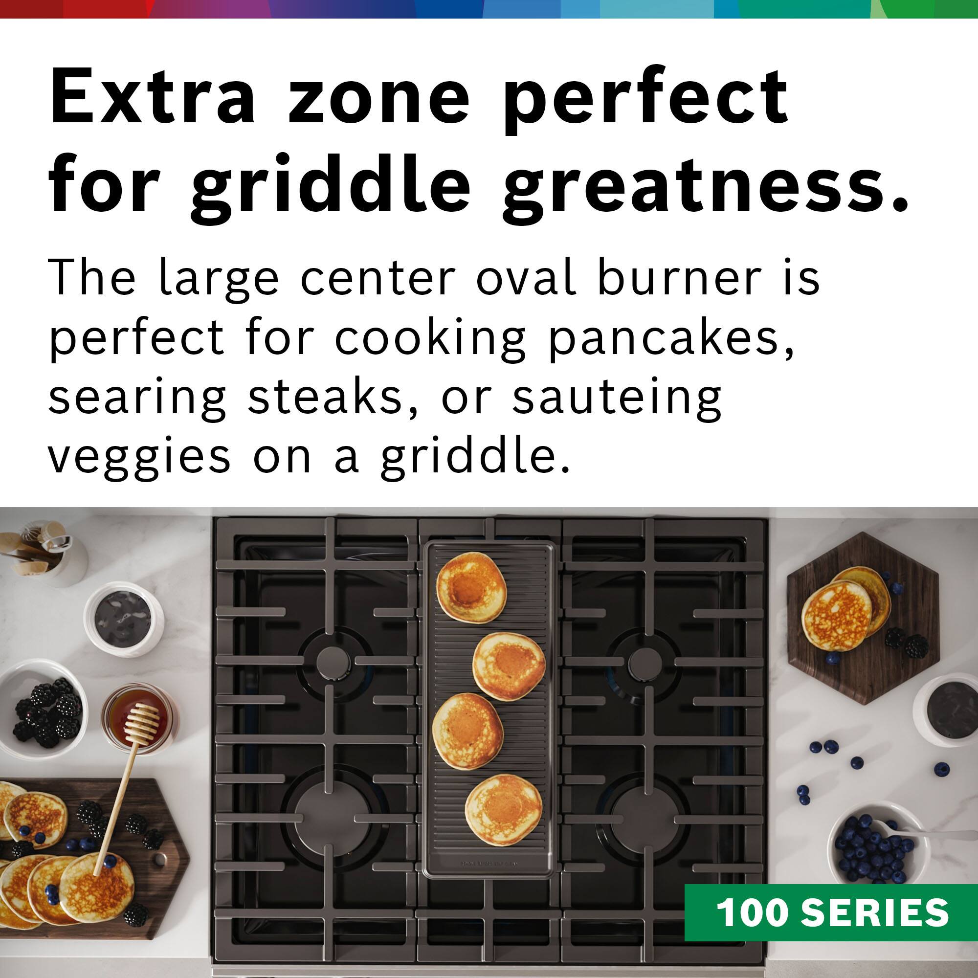 The text on the image is grouped as follows:

"Extra zone perfect for griddle greatness. The large center oval burner is perfect for cooking pancakes, searing steaks, or sauteing veggies on a griddle."