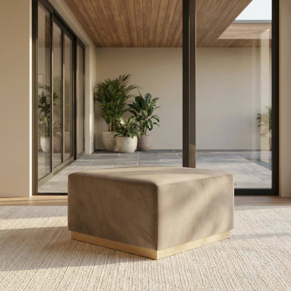 Angle. Outdoor Escape - Square Performance Velvet Ottoman With Plush Upholstery And Versatile Design - Brown.
