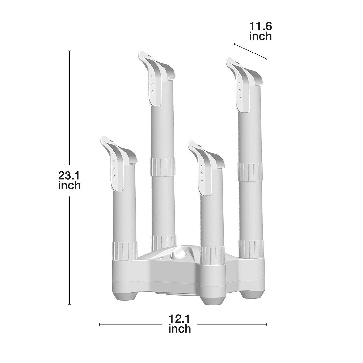 The image shows a white object with three antennas. The object is 11.6 inches tall, and each antenna is 23.1 inches long. The total height of the object, including the antennas, is 12.1 inches.