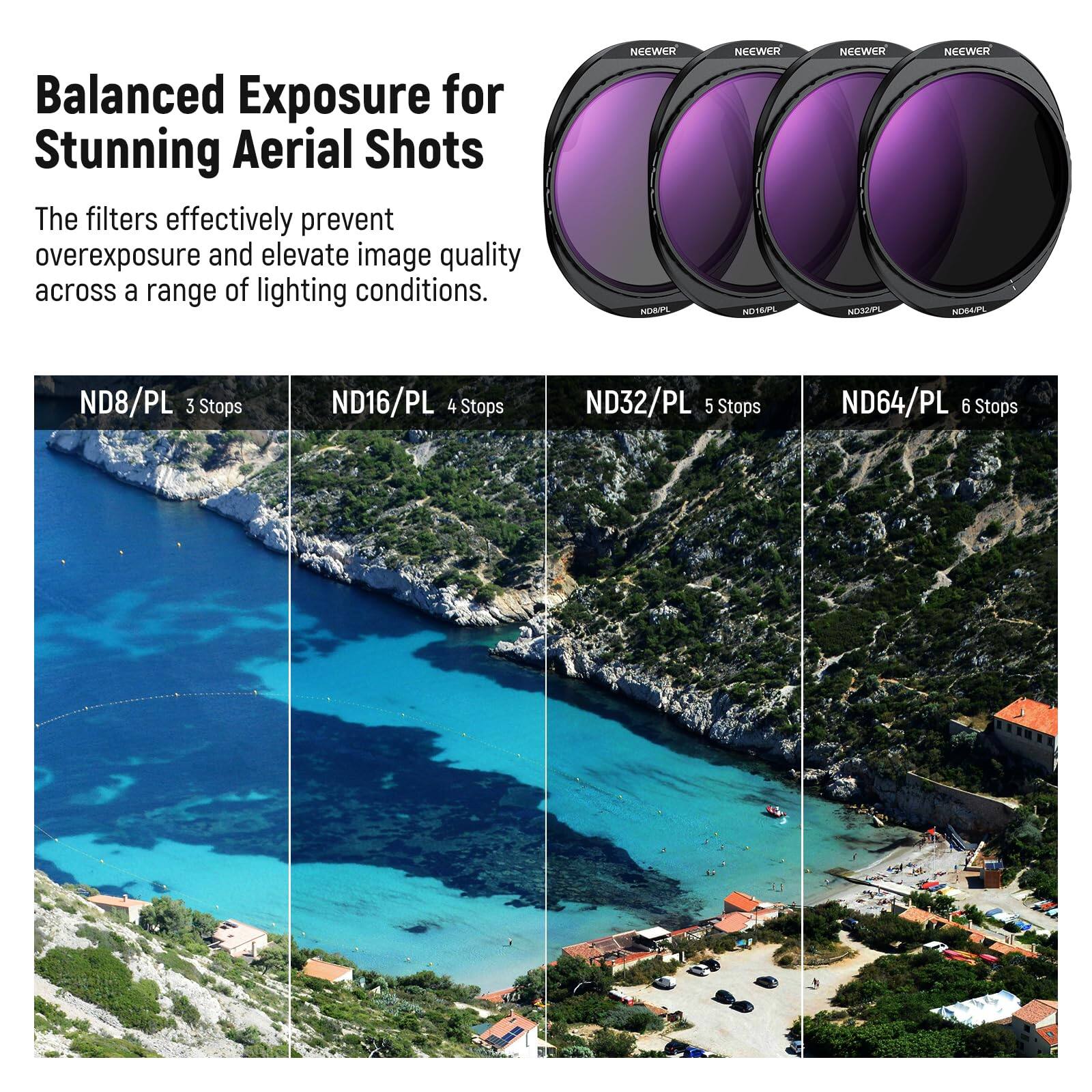 Balanced Exposure for Stunning Aerial Shots

The filters effectively prevent overexposure and elevate image quality across a range of lighting conditions.

NEEWER NOBS
NEEWER NO165S
NEEWER NOSOM
NEEWER NOS&PS

ND8/PL 3 Stops
ND16/PL 4 Stops
ND32/PL 5 Stops
ND64/PL 6 Stops