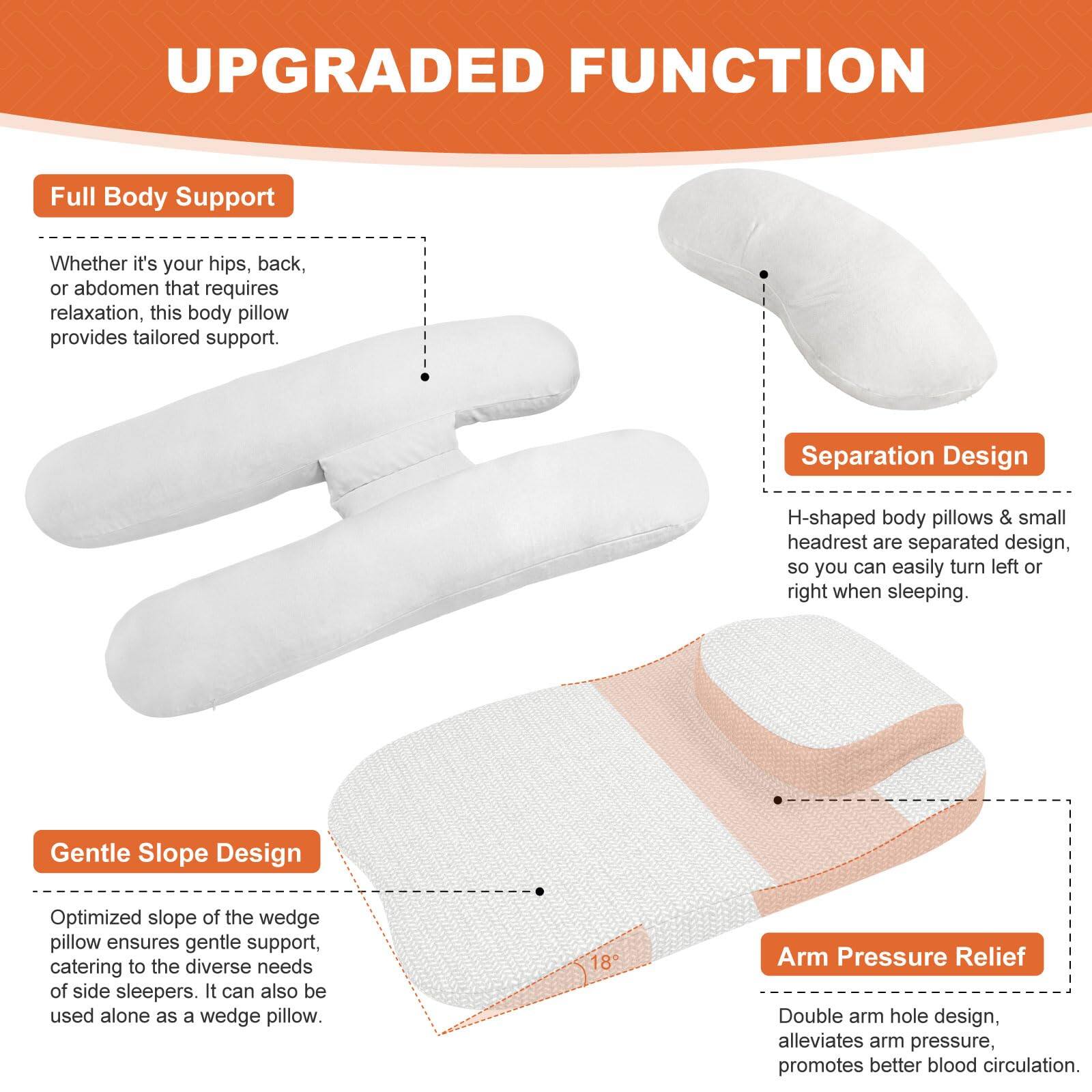 **UPGRADED FUNCTION**

- **Full Body Support**  
  Whether it's your hips, back, or abdomen that requires relaxation, this body pillow provides tailored support.

- **Separation Design**  
  H-shaped body pillows & small headrest are separated design, so you can easily turn left or right when sleeping.

- **Gentle Slope Design**  
  Optimized slope of the wedge pillow ensures gentle support, catering to the diverse needs of side sleepers. It can also be used alone as a wedge pillow.

- **Arm Pressure Relief**  
  Double arm hole design, alleviates arm pressure, promotes better blood circulation.