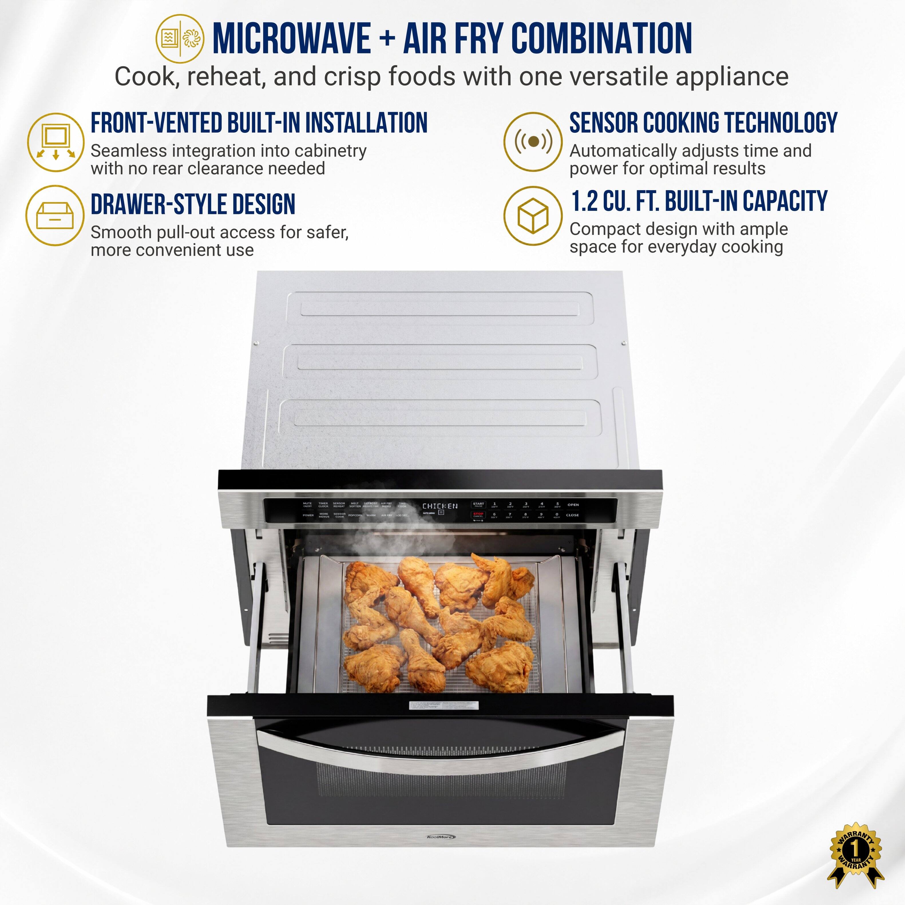 MICROWAVE + AIR FRY COMBINATION  
Cook, reheat, and crisp foods with one versatile appliance  

FRONT-VENTED BUILT-IN INSTALLATION  
Seamless integration into cabinetry with no rear clearance needed  

SENSOR COOKING TECHNOLOGY  
Automatically adjusts time and power for optimal results  

DRAWER-STYLE DESIGN  
Smooth pull-out access for safer, more convenient use  

1.2 CU. FT. BUILT-IN CAPACITY  
Compact design with ample space for everyday cooking  

CHICKEN